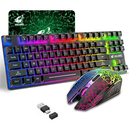 Wireless Gaming Keyboard and Mouse Combo with 87 Key Tenkeyless Rainbow LED Backlight Rechargeable 3800mAh Battery Anti-ghosting Ergonomic Waterproof RGB Mute Mice for Computer PC Gamer (Black) - Black