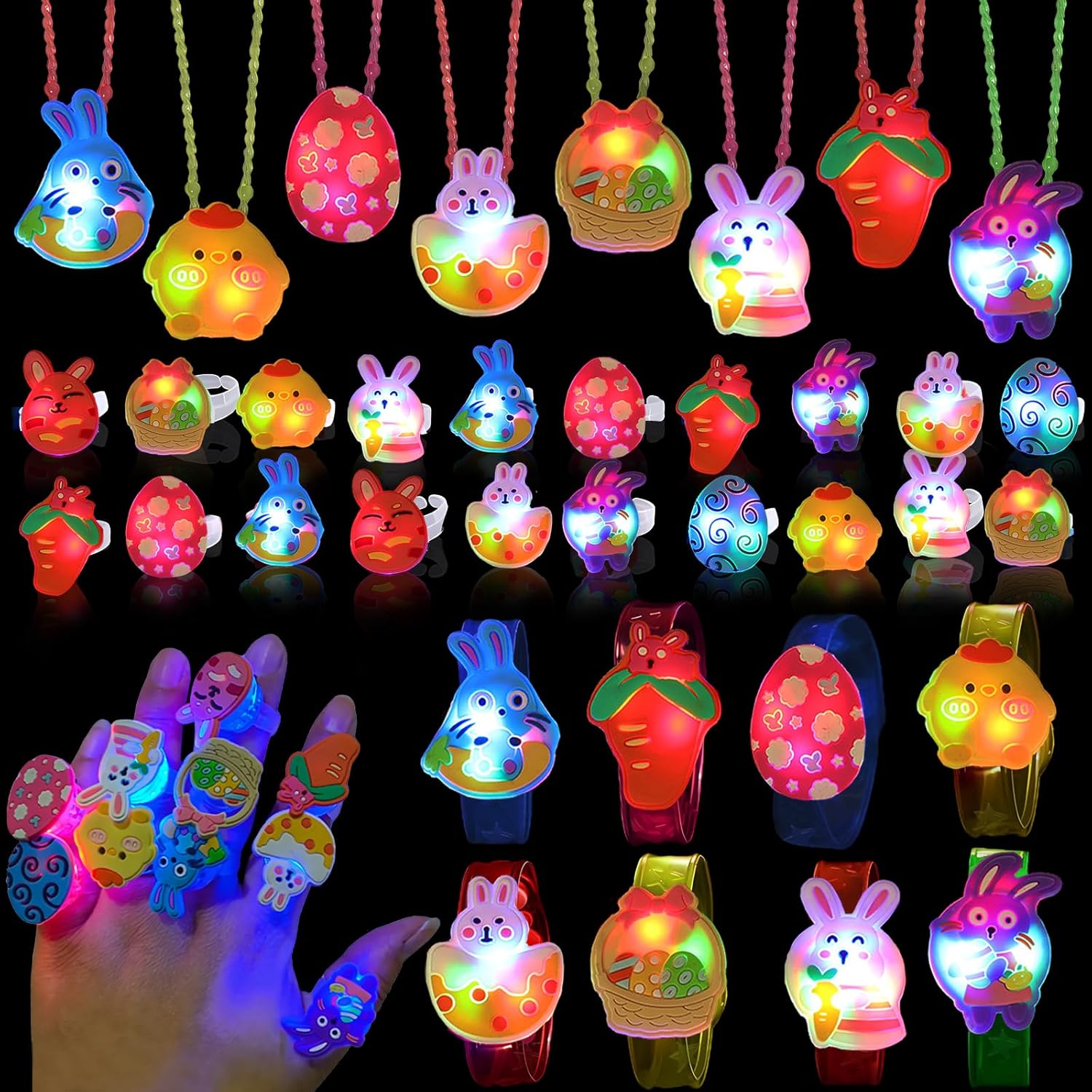 QICI Easter Party Favors for Kids 36 Pack Easter LED Toys Glow in the Dark Party Supplies for Easters Basket Stuffers