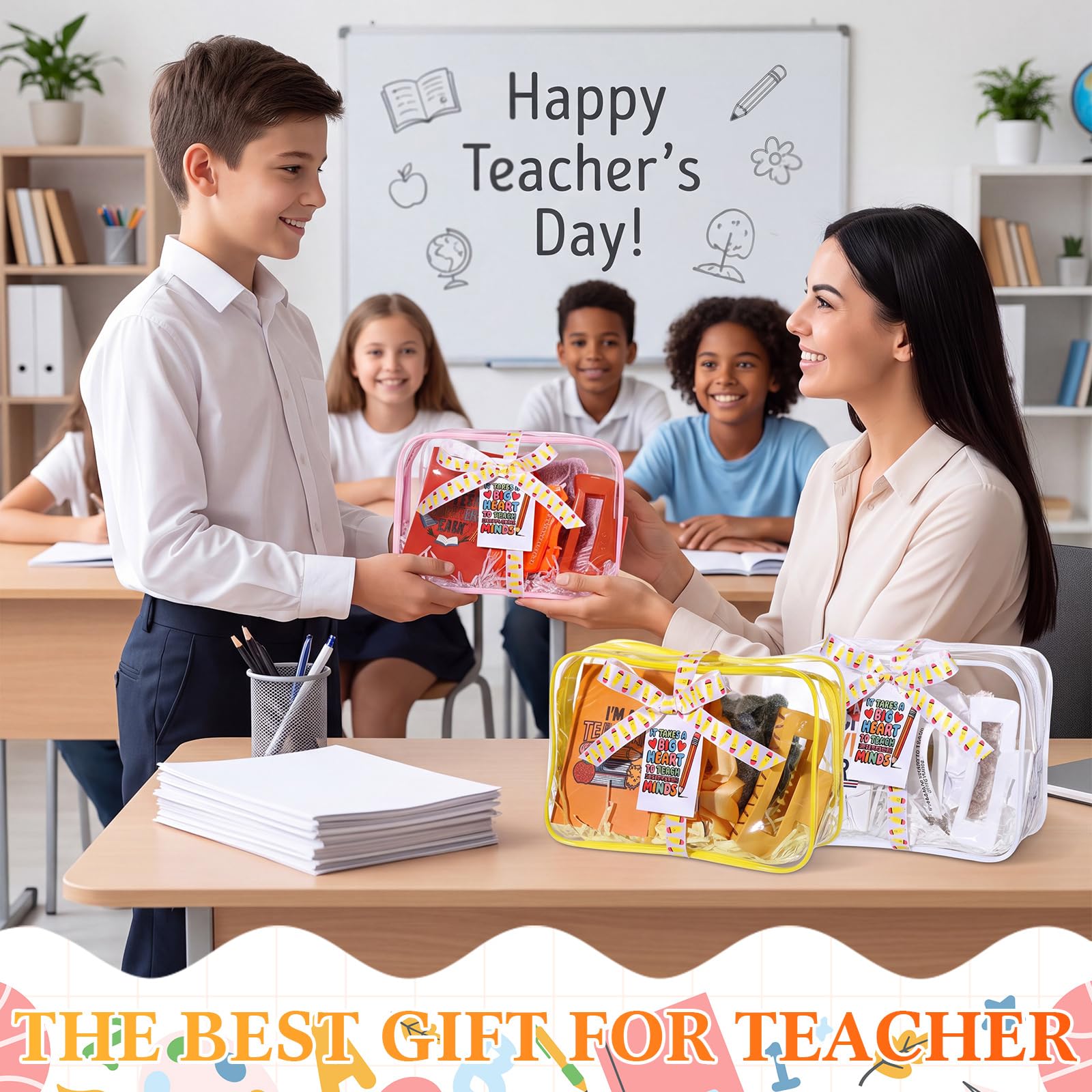 Janmercy Set da 55 pezzi/6 set di regali per insegnanti di ritorno a scuola per donne insegnante apprezzamento regalo di ringraziamento borse trucco penne clip per capelli mini notebook portachiavi