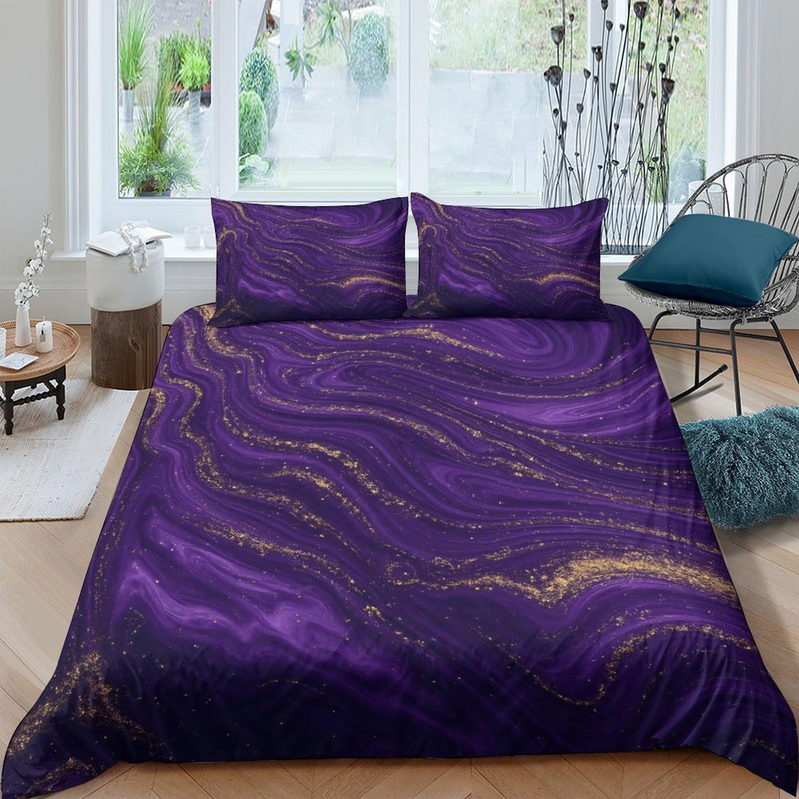 Ctjqhvkz Style-9 3D Printed Purple Marble Fitted Sheet Microfiber Soft Gold Vein Bed Cover Slip-Resistant Machine Washable Decor Single（135X200cm）
