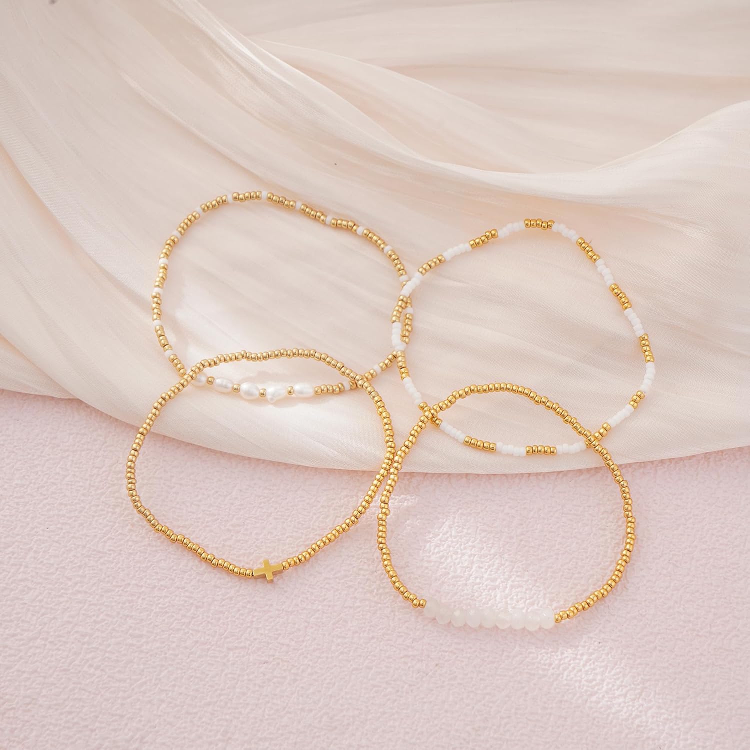 Dainty Gold Plated Pearl Crystal Beaded Bracelets Set for Women 14K Gold Plated Bead Pearl Beads Bracelet Stackable Paperclip Link Chain Bracelets Gold Plated Bracelets for Women Trendy Jewelry - Image 3