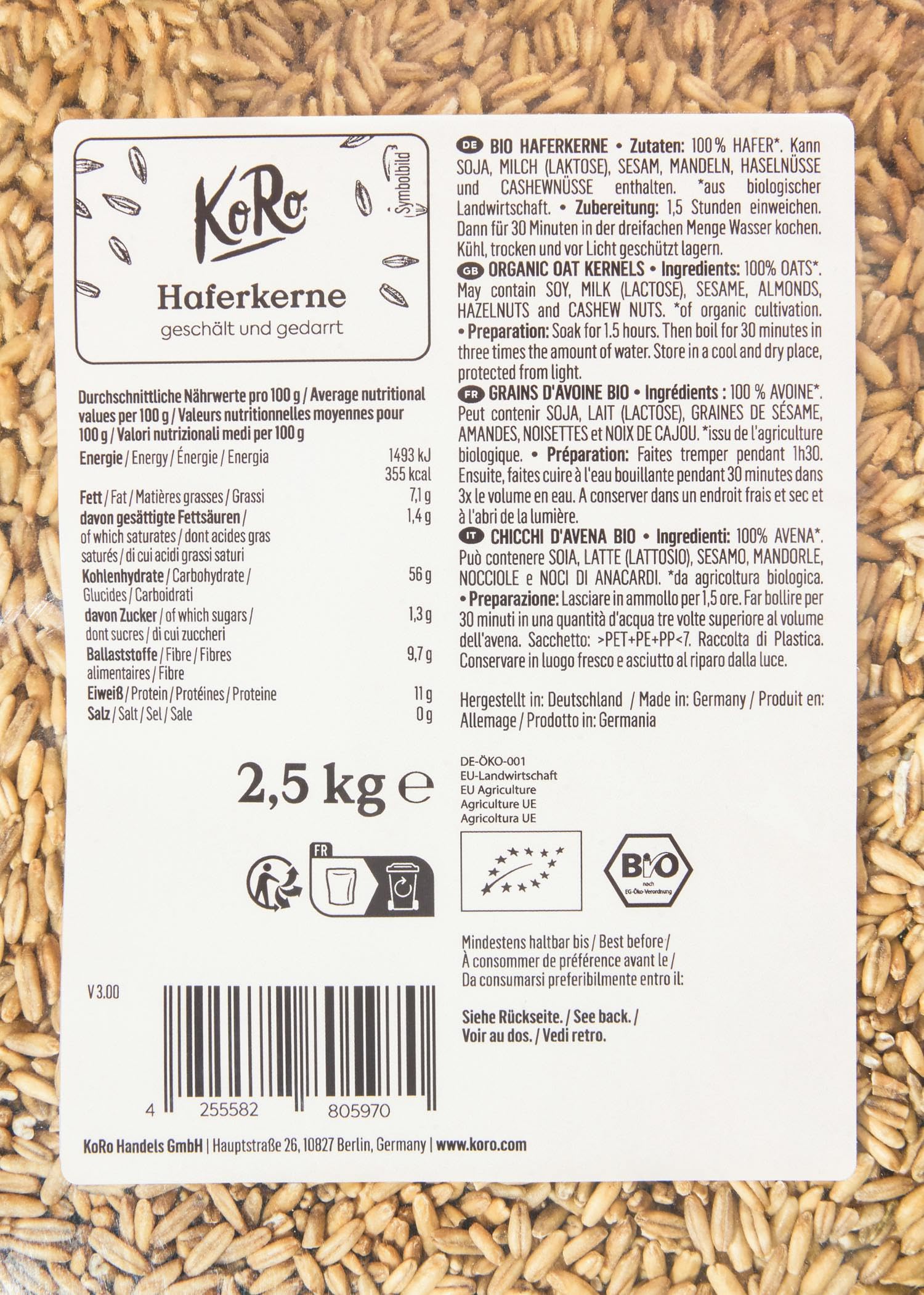 KoRo - Chicchi d'avena biologici 4 x 2,5 kg - Qualità biologica - Alto contenuto di fibre - Fonte di proteine - Ideale per il porridge, la cottura al forno o come contorno