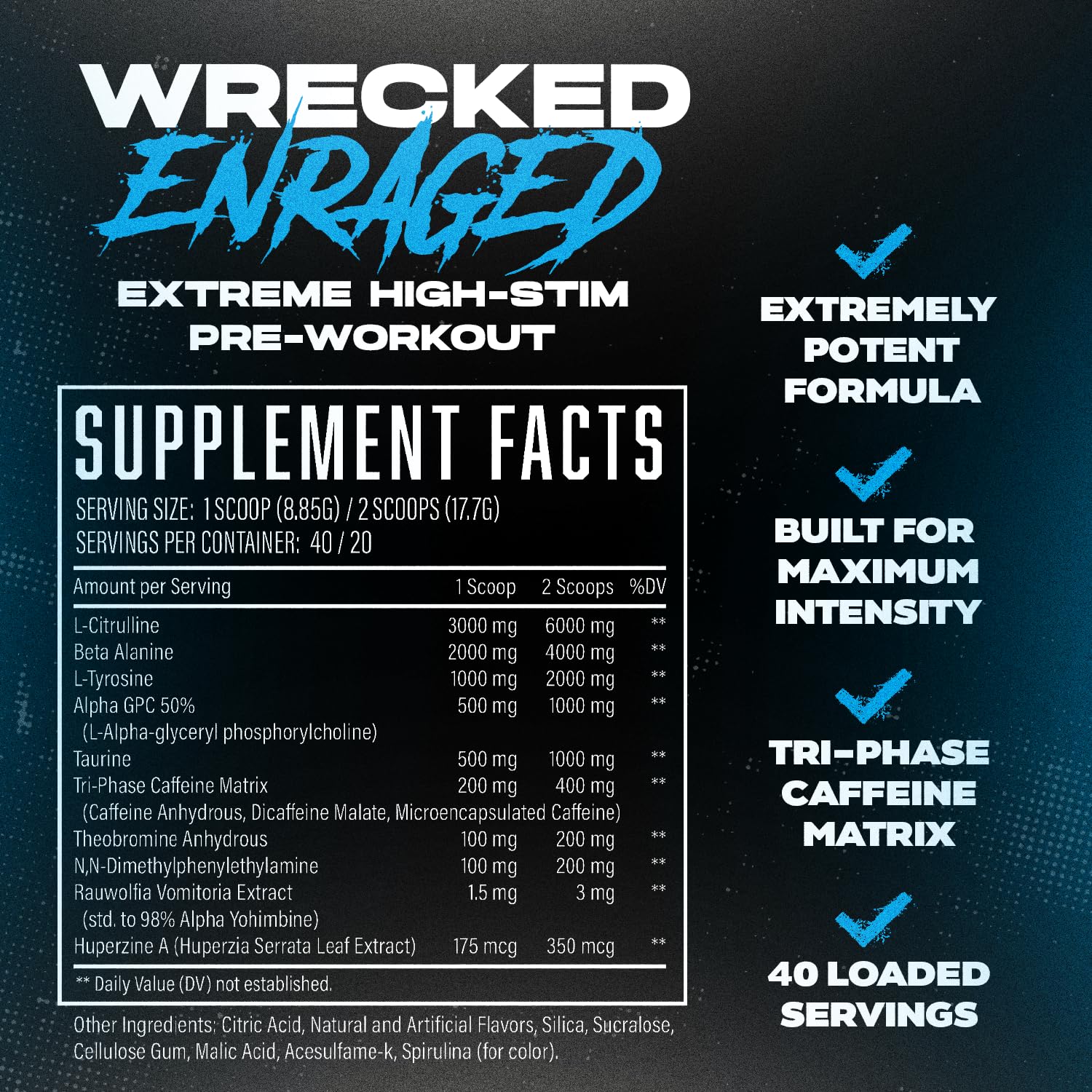 Wrecked Enraged High Stim Pre Workout - Extreme Hardcore Formula for Intense Energy, Laser Focus & Maximum Strength - Potent Stimulant Matrix - for Advanced Lifters, Not for Beginners (40 Servings) — Amazon image 3