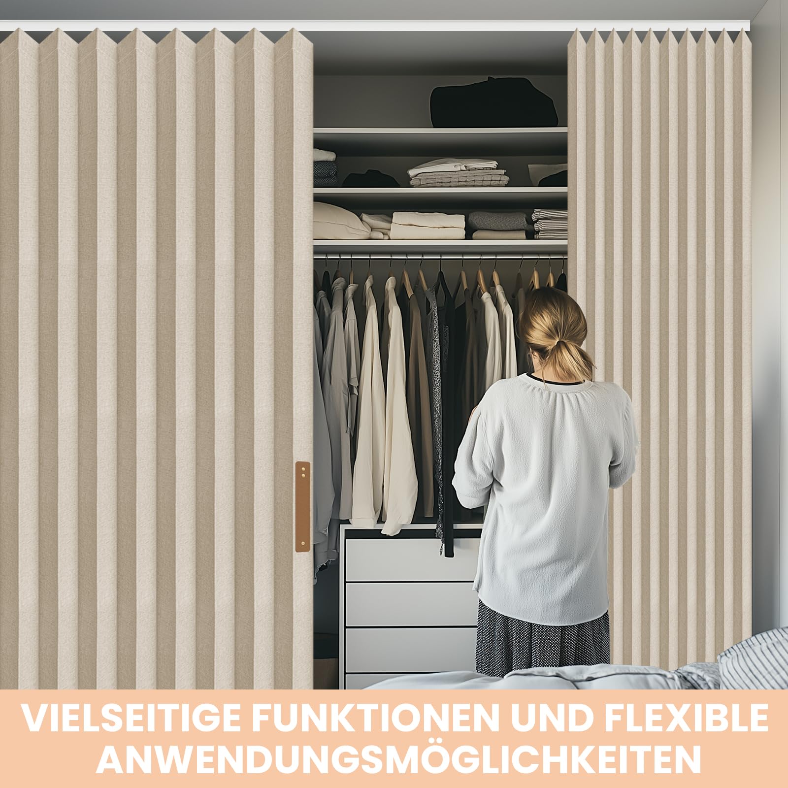 JILRON Raumteiler Vorhang Mit Schienen, 100% Vollschutz - Einzigartiges Akkordeon-Design, Saubere Optik für Schlafzimmer, Abstellraum (Cremefarben-H213 x B254 cm) 1er-Pack