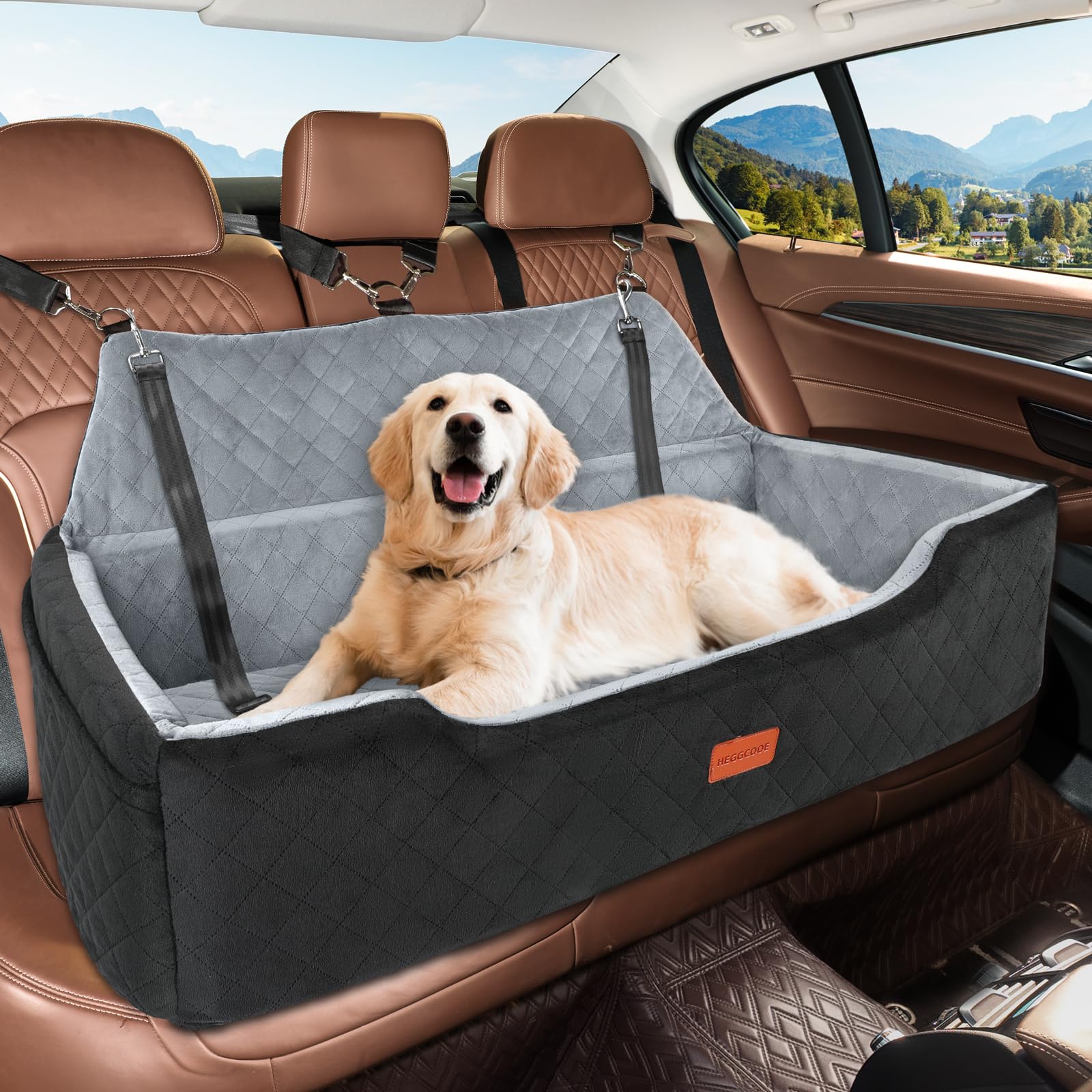 HEGGCOOE Large Dog Car Seat Under 100 lbs, Washable Dog Car Bed for 2 Medium Dogs, Detachable Pet Booster Seat with Storage Pocket and Seat Belt for Back Seat Dog Travel Bed