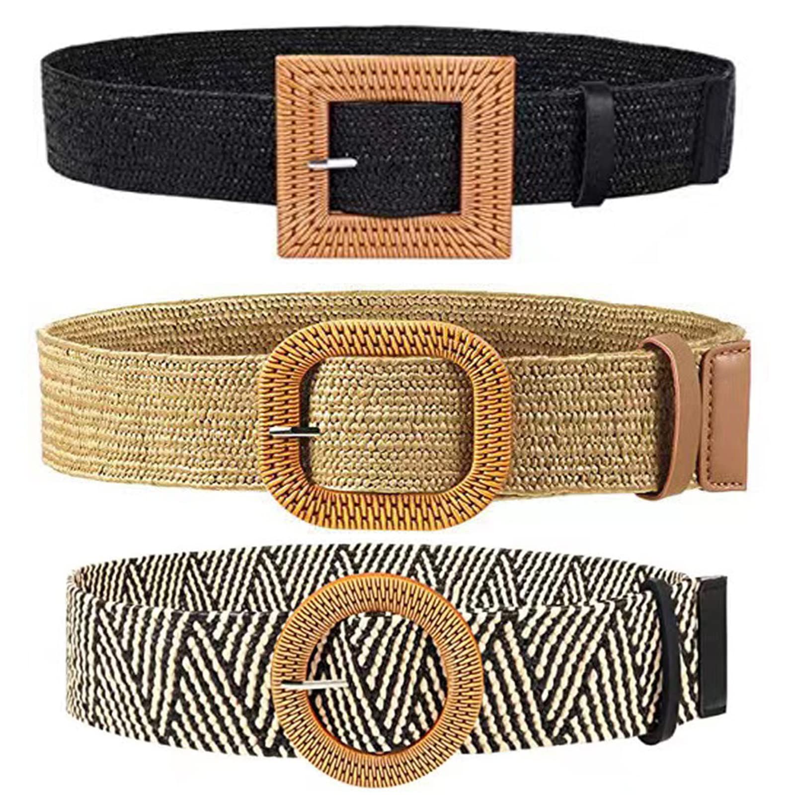 3-Pack Ladies Straw Simple Simple Versatile Cotton & Linen Woven Belts Stretch Decorative Belts