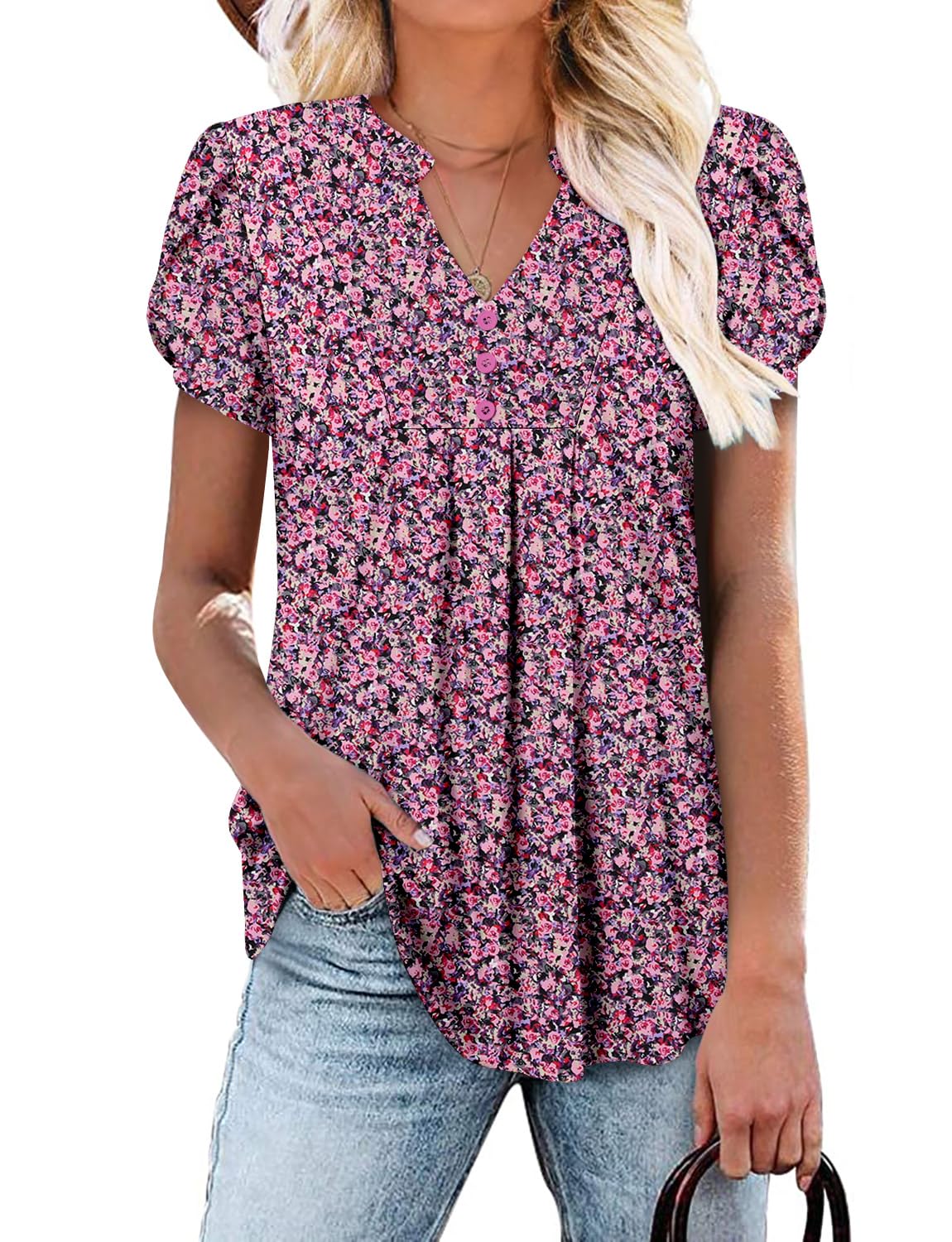 onlypuff Women's Short Sleeve Tunic Tops Summer Pleated V Neck Button Down Shirts for Leggings