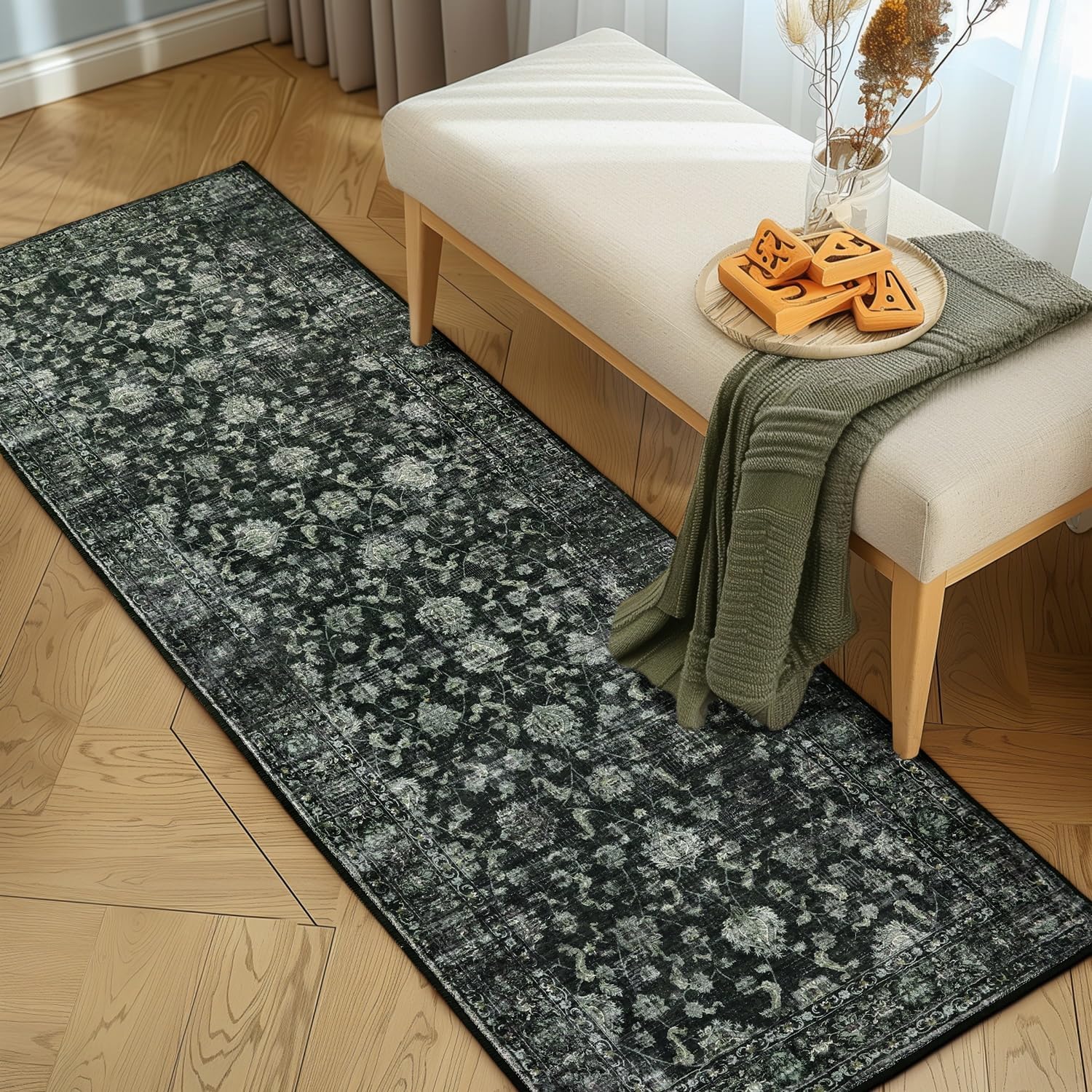 Green Floral 2' x 6' Washable Non-Slip Runner Rug