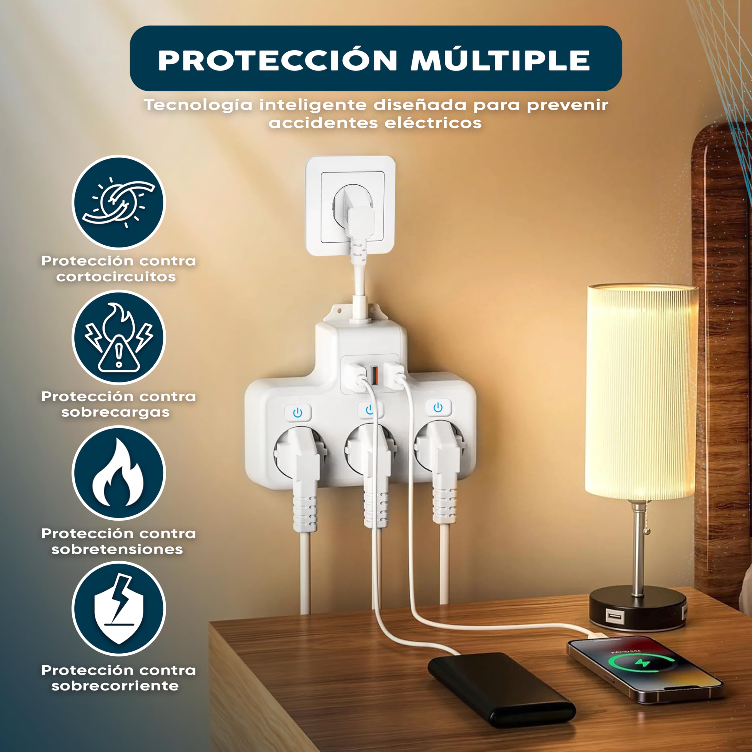 AKENZU©—Regletas para Enchufes Modulares 6 en 1 | Enchufe Multiple | Regleta De Enchufes Proteccion Sobretension | Ladron para Enchufes Plano con USB/USB-C | Enchufe con Interruptor para Pared—Blanco — view 3