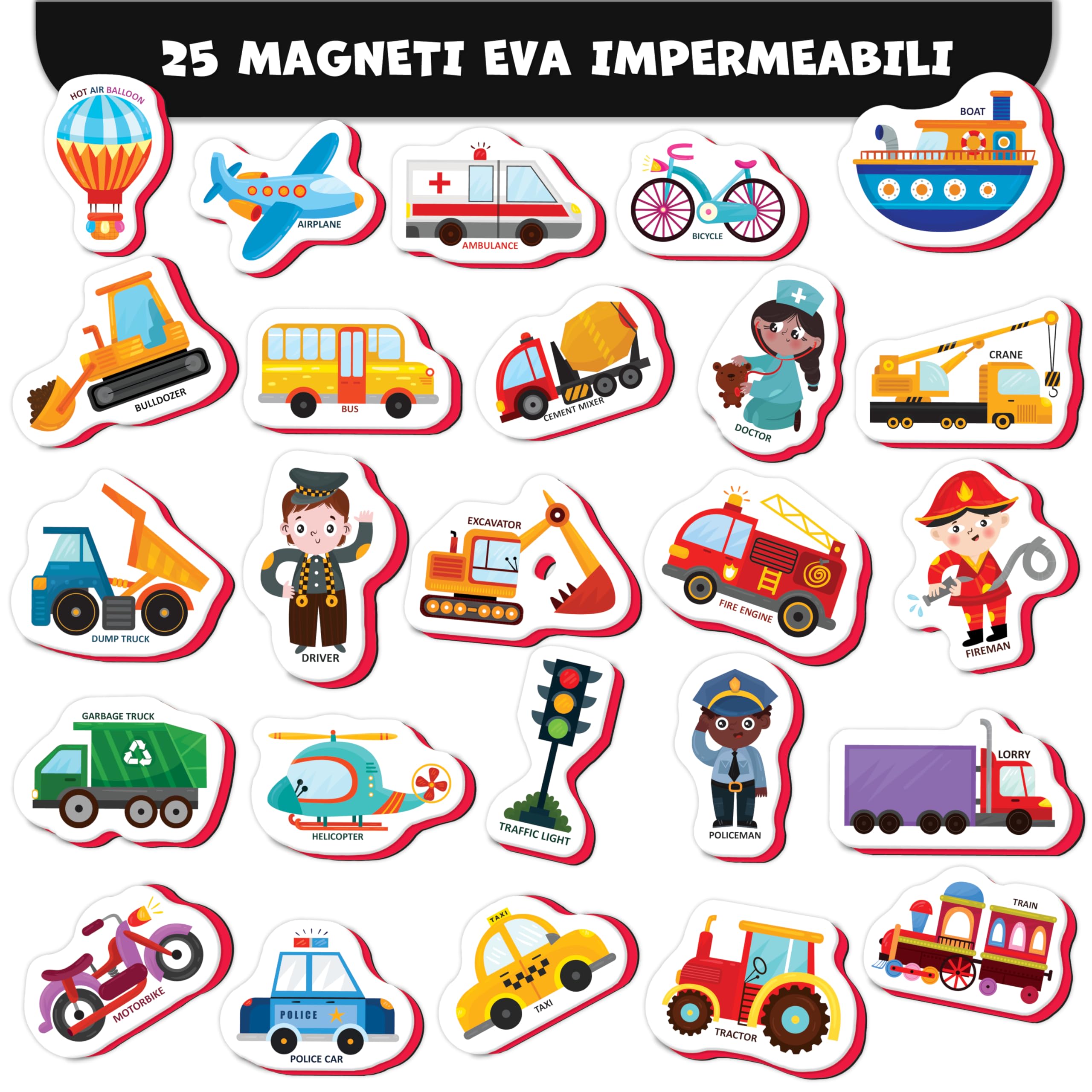 Little World 25 magneti da frigo per bambini da 1 a 3 anni, sicuri, durevoli, impermeabili, in schiuma, con confezione regalo colorata, magneti atossici per veicoli e professioni, per bambini e
