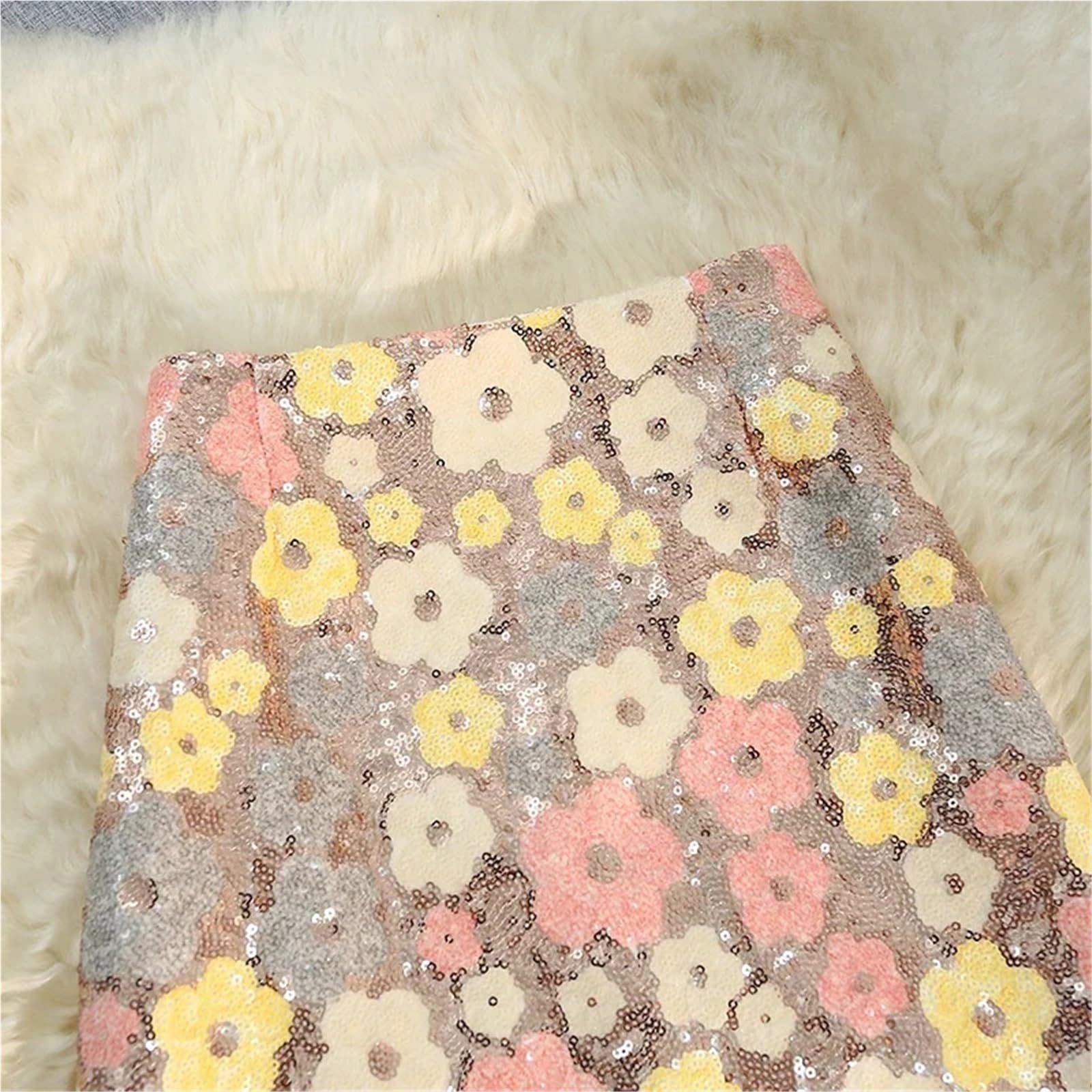 Falda Midi con Lentejuelas y Flores, Cintura Alta, Bordada, Floral, Corte A, Ropa de Verano for Mujer