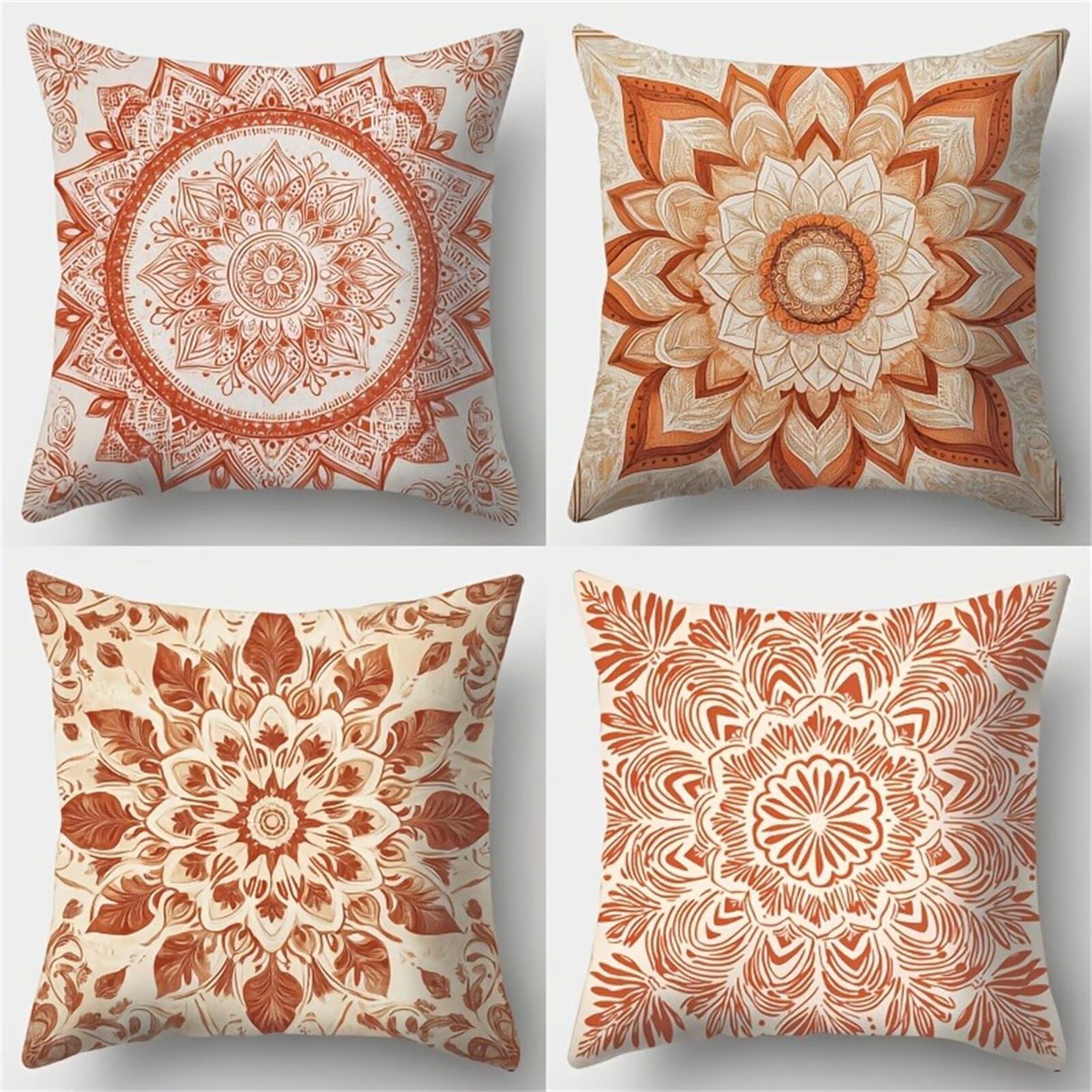 QiHon Brown Mandala Cushion Covers 30x30 cm Set of 4, Decorative Throw Pillow Cases, 12x12 inch Square Linen Pillowcases for Sofa Living Room Bedroo