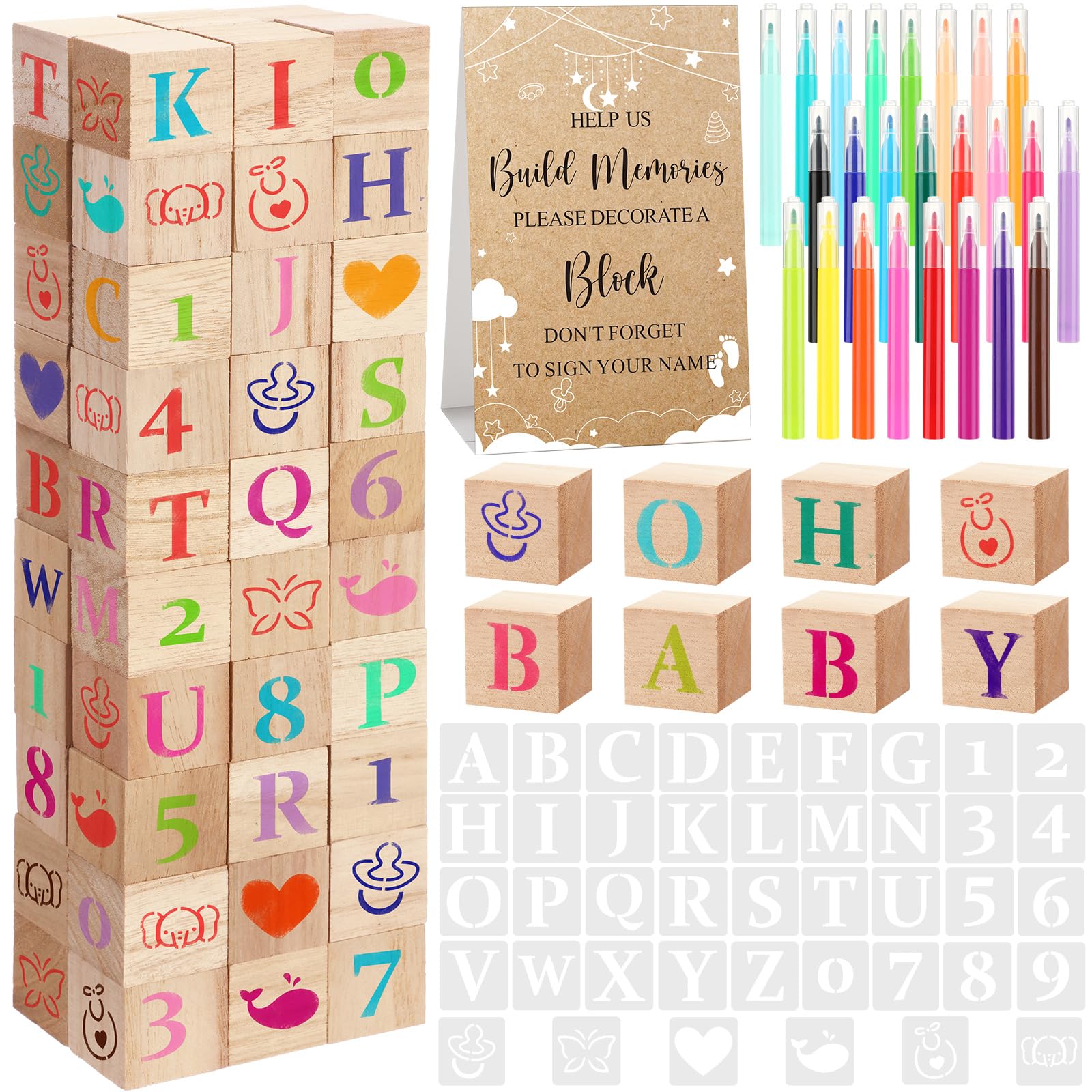 Wonderjune 147 Pcs Baby Shower Blocks Games Sets, 80 DIY Blank Wooden Block 42 Stencils 24 Watercolor Marker 1 Decorate a Block Game Sign for Gender Reveal Baby Shower Party Supplies(Kraft)