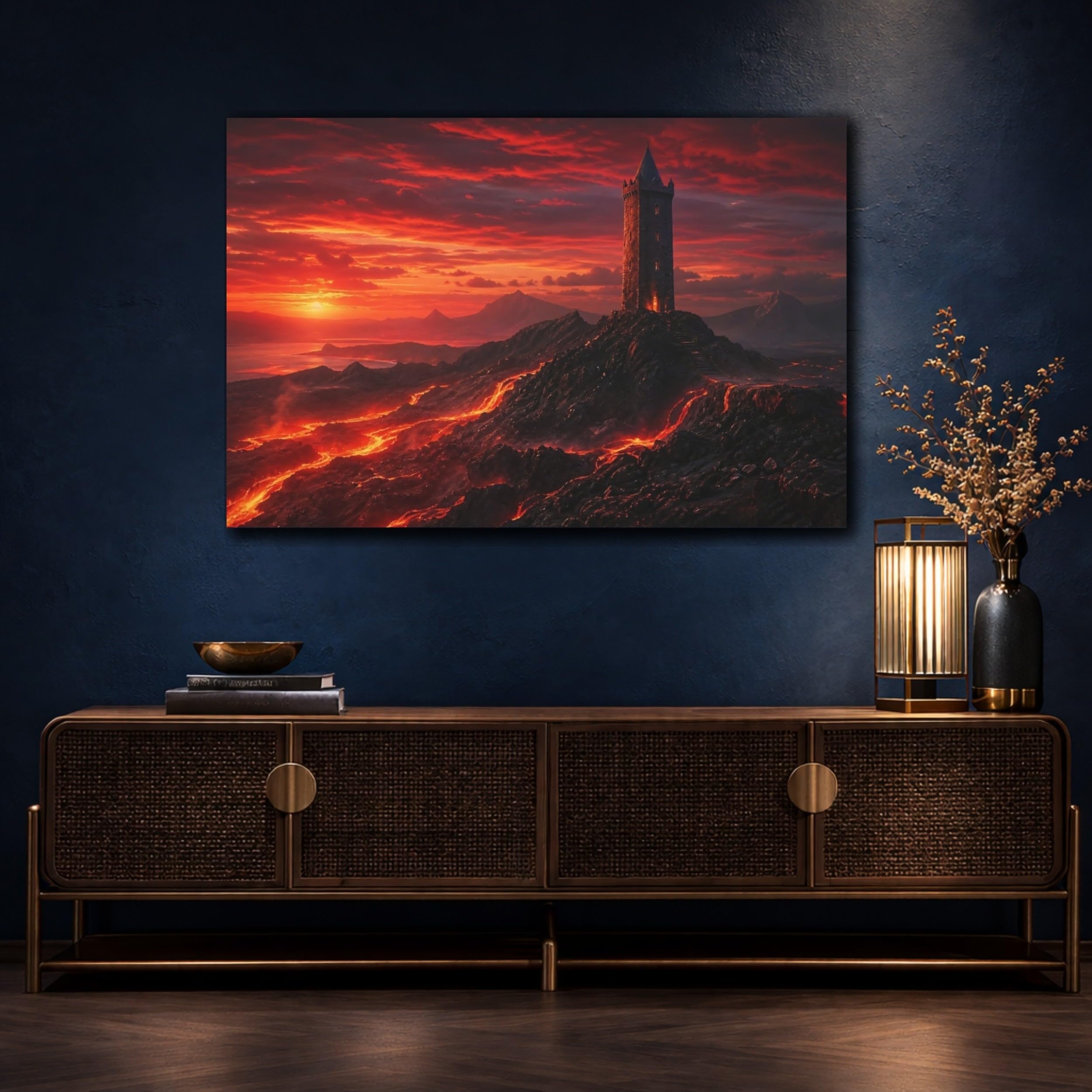 Science Fiction Lava Tower Red Canvas Wall Art Print – Living Room Decor Above Couch 18×12 inch (45×30 cm) - Horizontal / 1.25 inch (3 cm)