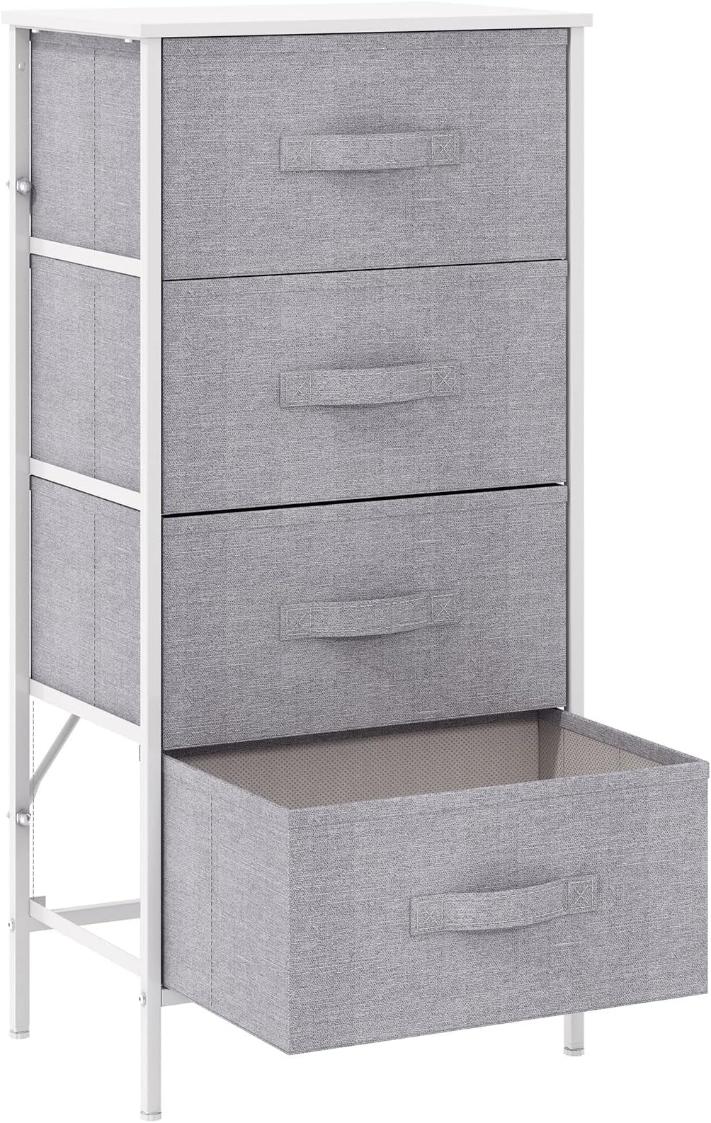Dresser with 4 Drawers - Fabric Chest of Drawers with Large Storage Space, Modern Tall Tower Unit Storage Organiser for Living Room/Bedroom, Wooden Top and Metal Frame (White/Grey)