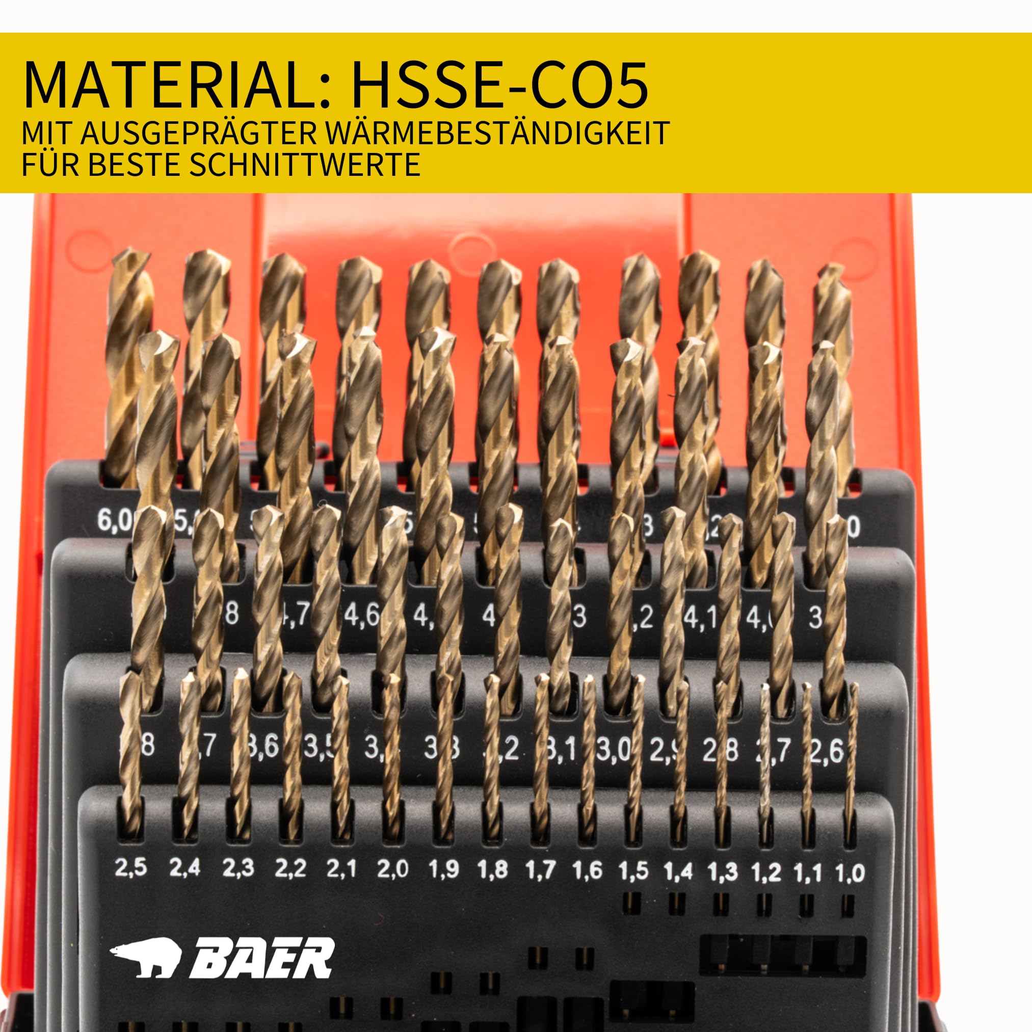 BaerCoil BAER HSSE - Set di punte elicoidali (0,1 mm in aumento), 1-6 mm, HSSE/cobalto ad alta lega, set di punte per trapano in acciaio al cobalto