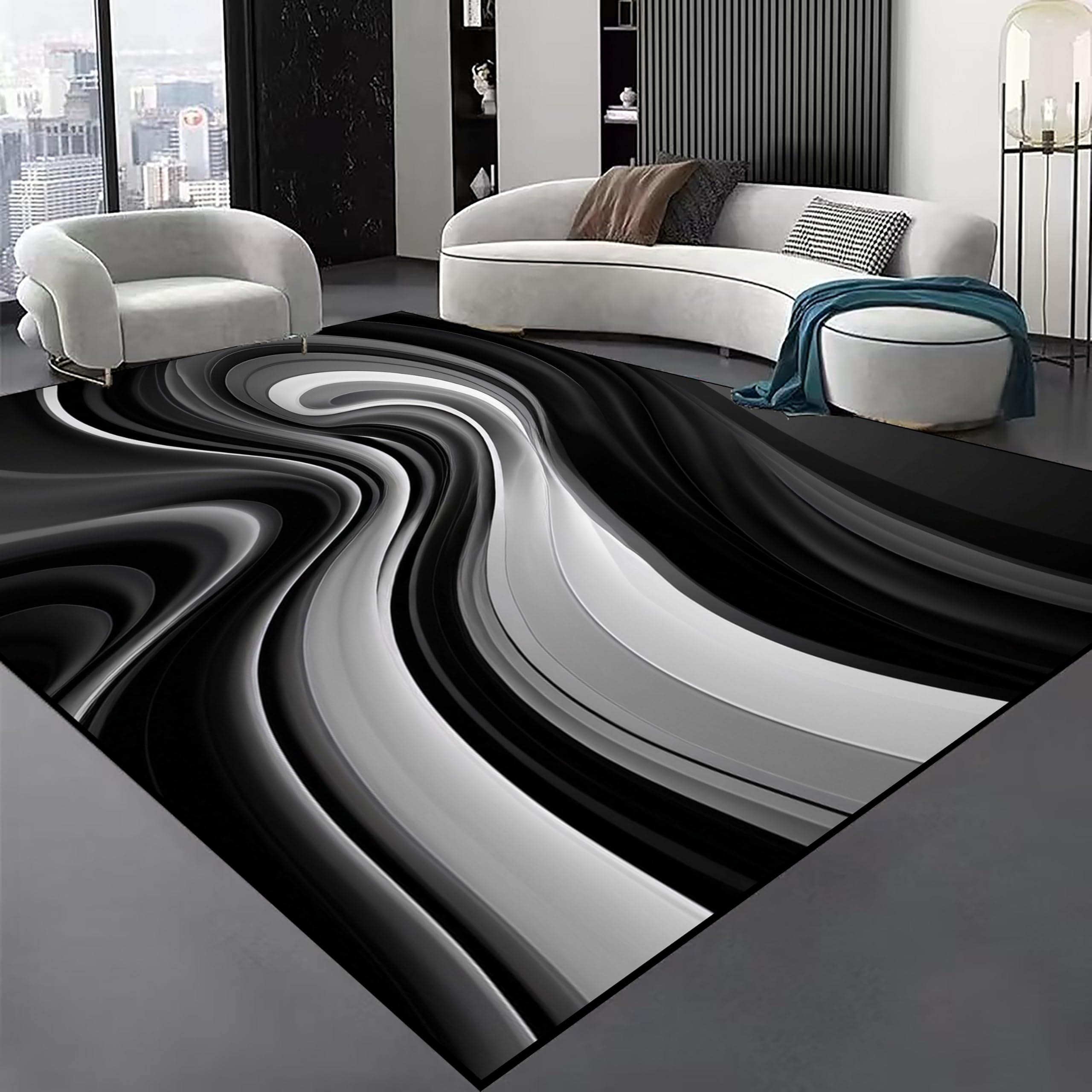 Modern Abstract Area Rug, 5x6ft Striking Black & White Wave Pattern Rugs for Contemporary Homes, Soft and Durable Floor Decor Carpet,Washable Carpet