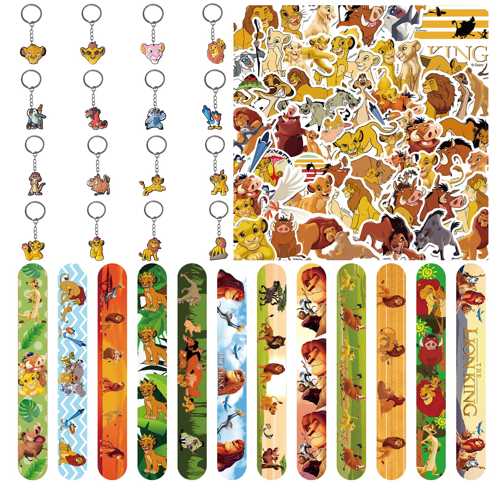 Gxhong78 Pieces Lion King Party Gift, Party Clap Bracelet, Stickers, Lion King Key Ring, Slap Bands, King Lion Children's Birthday Party Bags, for Boys Girls Party Favours