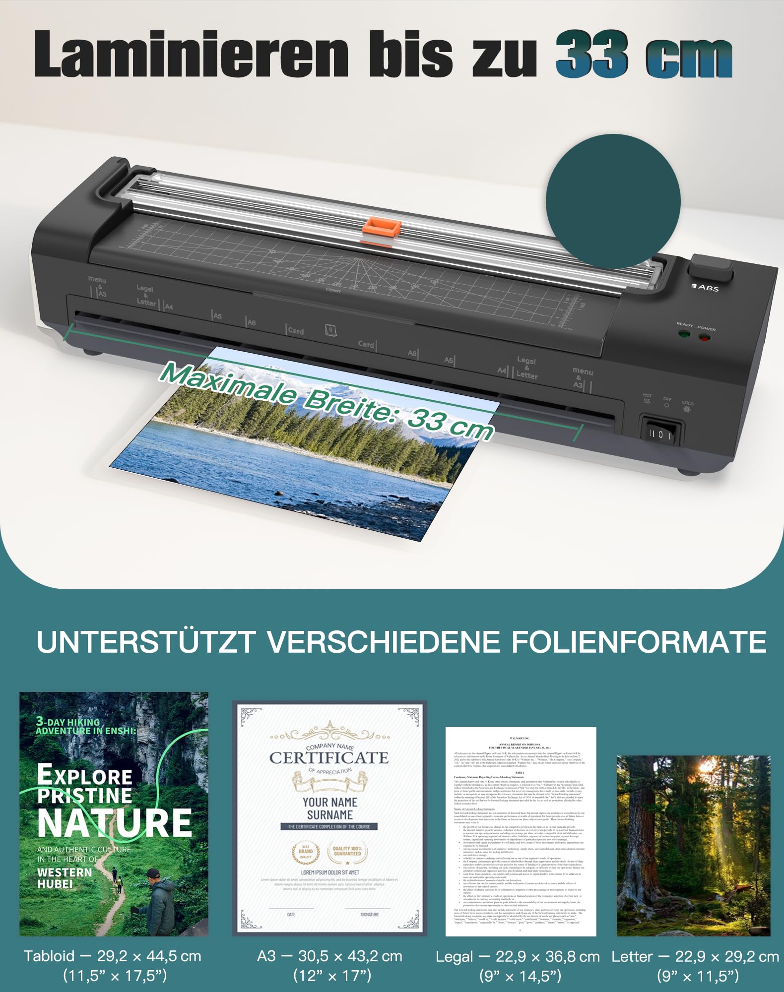 A3 Laminiergerät mit 20 Laminierfolien – Heiß und Kalt Foliergerät für A3 A4 A5 A6 mit Papierschneider und Eckenabrunder für Büro, Schule, Geschäft und Zuhause, Schwarz