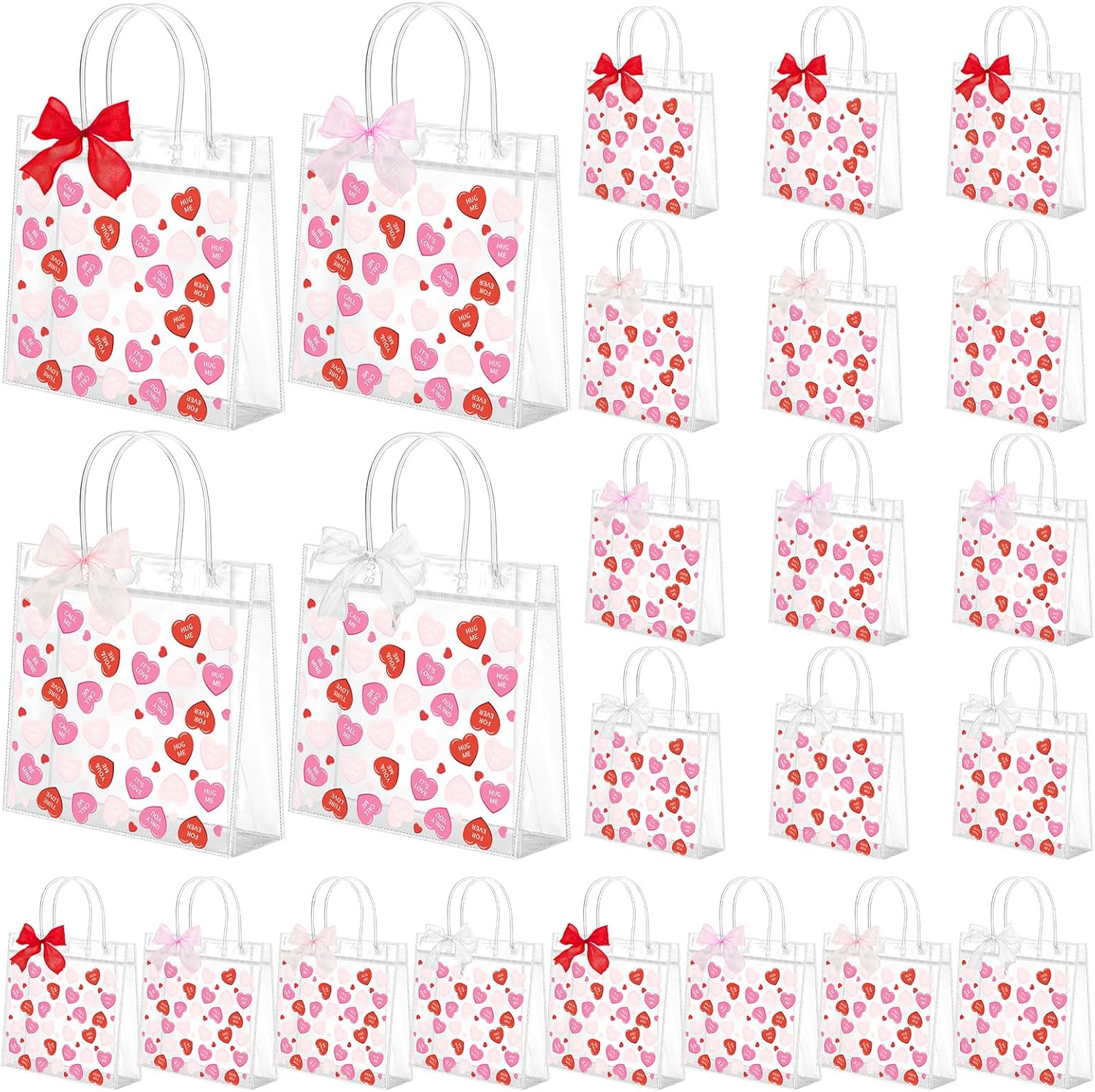 Tinlade 24 Sets Valentines Conversation Heart Gift Bag Valentine Clear Plastic Bag with Handles Candy Bows PVC Treat Goodie Transparent Bags for Galentines Day Birthday Party Supplies
