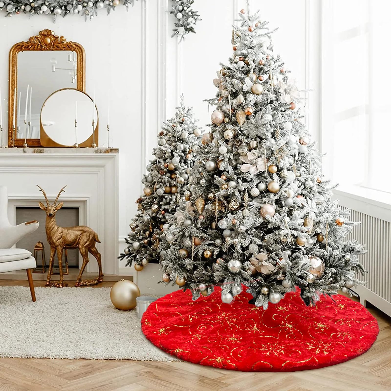 DecroXmas Christmas Tree Skirts 48 Inch Red Plush with Snowflake Design Xmas Tree Base Cover Faux Fur Thick for Christmas New Year Party Holiday Decorations 122 cm - Image 2