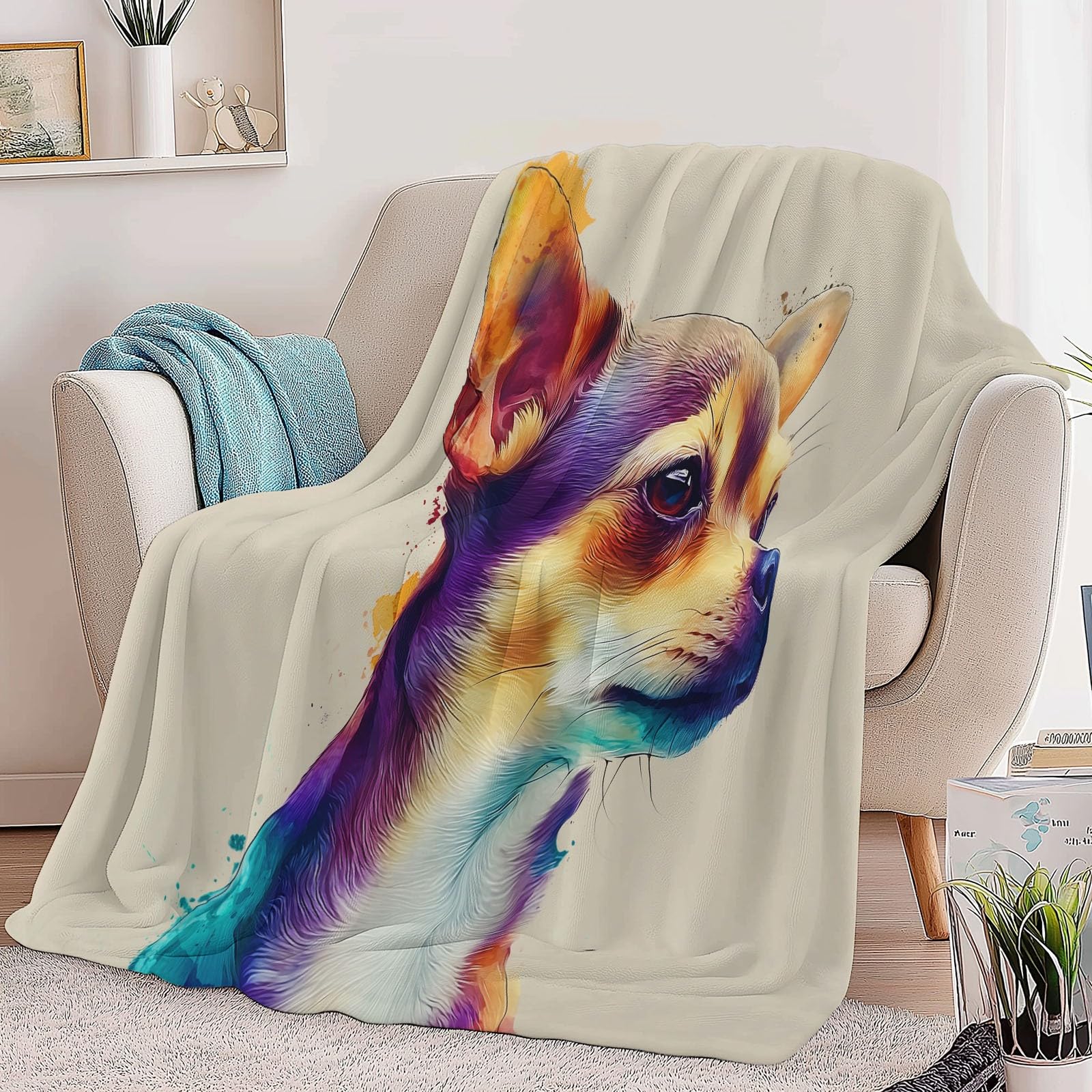 Miękki lekki piaskowy koc sherpa 221 x 239 cm dla dzieci dorosłych, akwarela zwierzęta, portrety psów, drukowana flanelowa pościel - hipoalergiczny ciepły koc narzuta na łóżko, sofę, krzesło, do