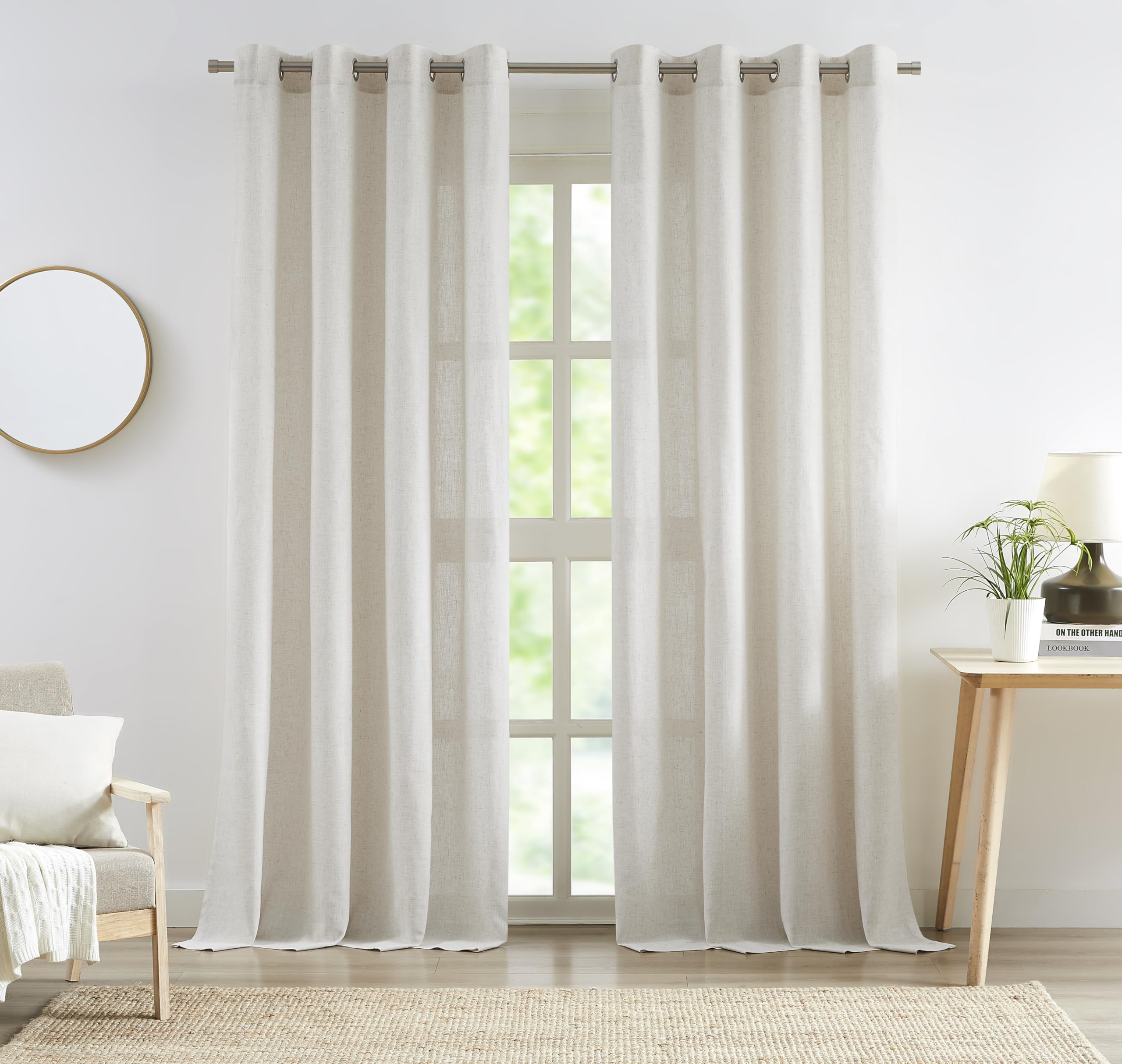 Central ParkNatural Light Filtering Linen Window Curtain Drape 84 Inches Long for Living Room, Grommet Top Solid Flax Linen Blend Farmhouse Rustic Semi Sheer for Bedroom, Natural, 60"x84", 2 Panels