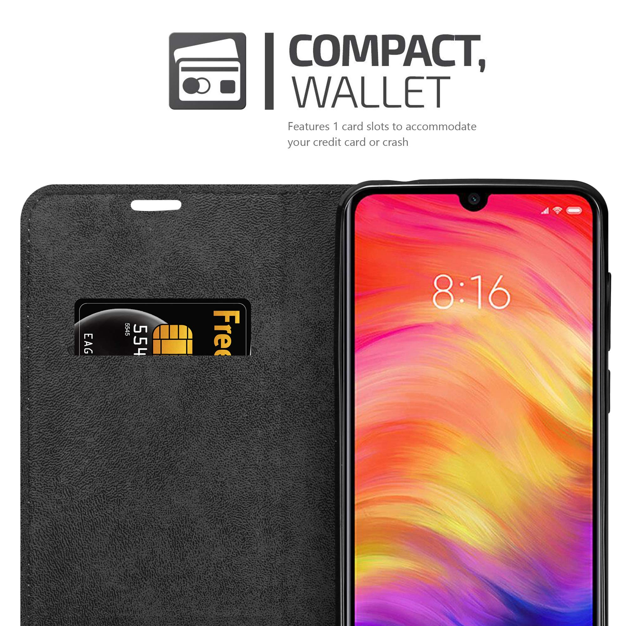 Cadorabo Custodia Libro Portafoglio Per Xiaomi Redmi Note 7 - Pelle Finta, 3 Slot Carte, Chiusura Magnetica, Funzione Stand - Colore Nero Carbone - 5