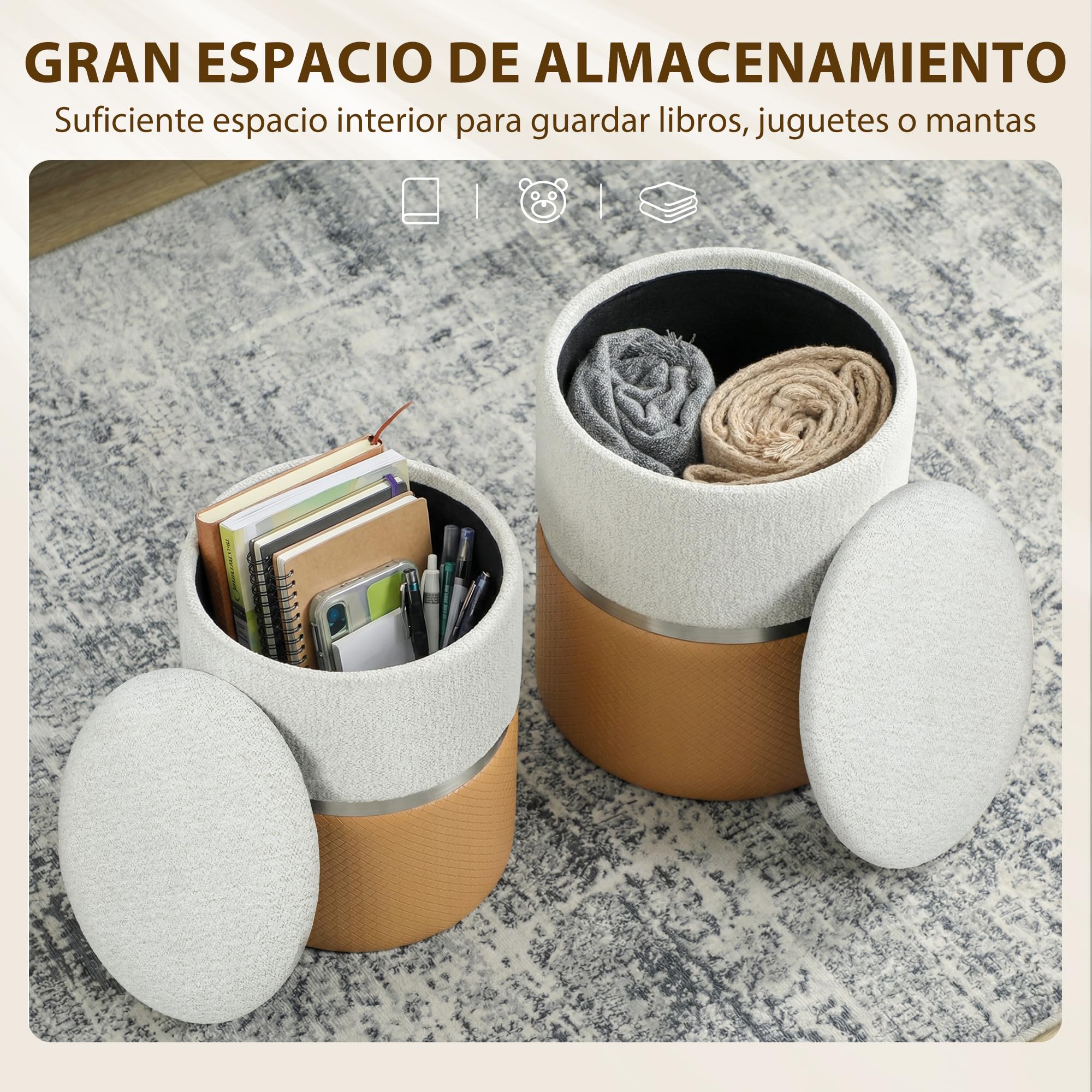 HOMCOM Lot de 2 poufs de Rangement rembourrés, Marron et crème