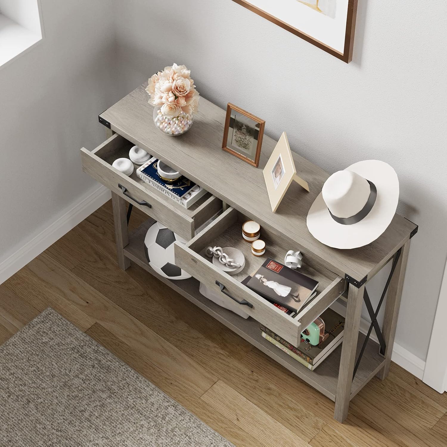 Mesa Consola Recibidor, Mueble de Entrada Estrecha con 2 Cajones,4 Cantoneras de Metal, Diseño único en Forma de X,109 x 30.5X 76 cm, Consola para la Entrada, el Salón, el Pasillo (Gris)