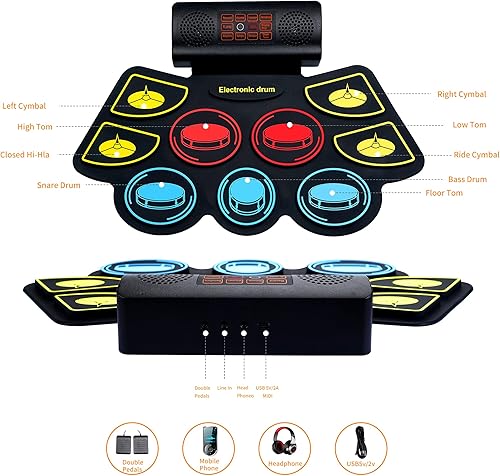 Vista 2 de Juego de batería eléctrica para niños, almohadilla electrónica con baquetas iluminadas y soporte de batería, altavoces dobles integrados y batería