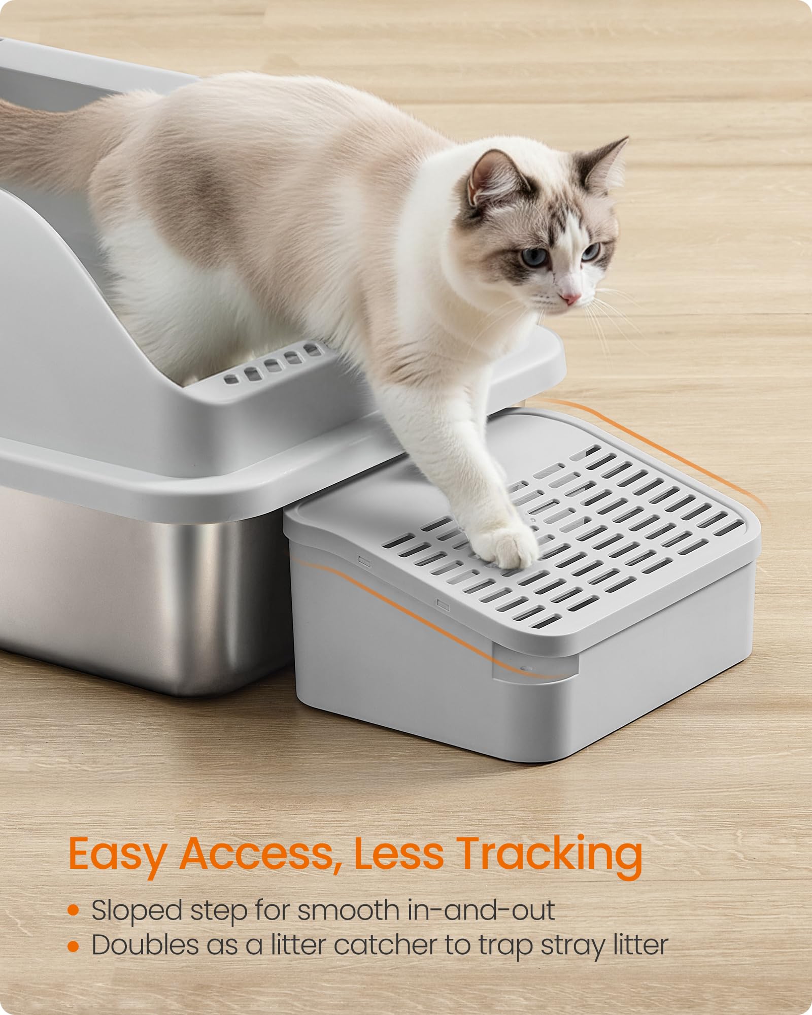 Feandrea 2 Pack Stainless Steel Cat Litter Boxes with Open Top, High Sided Litter Trays with Step, Scoop, Brush, for Cats up to 33 lb, Dove Gray UPPT012GD01 - image 5