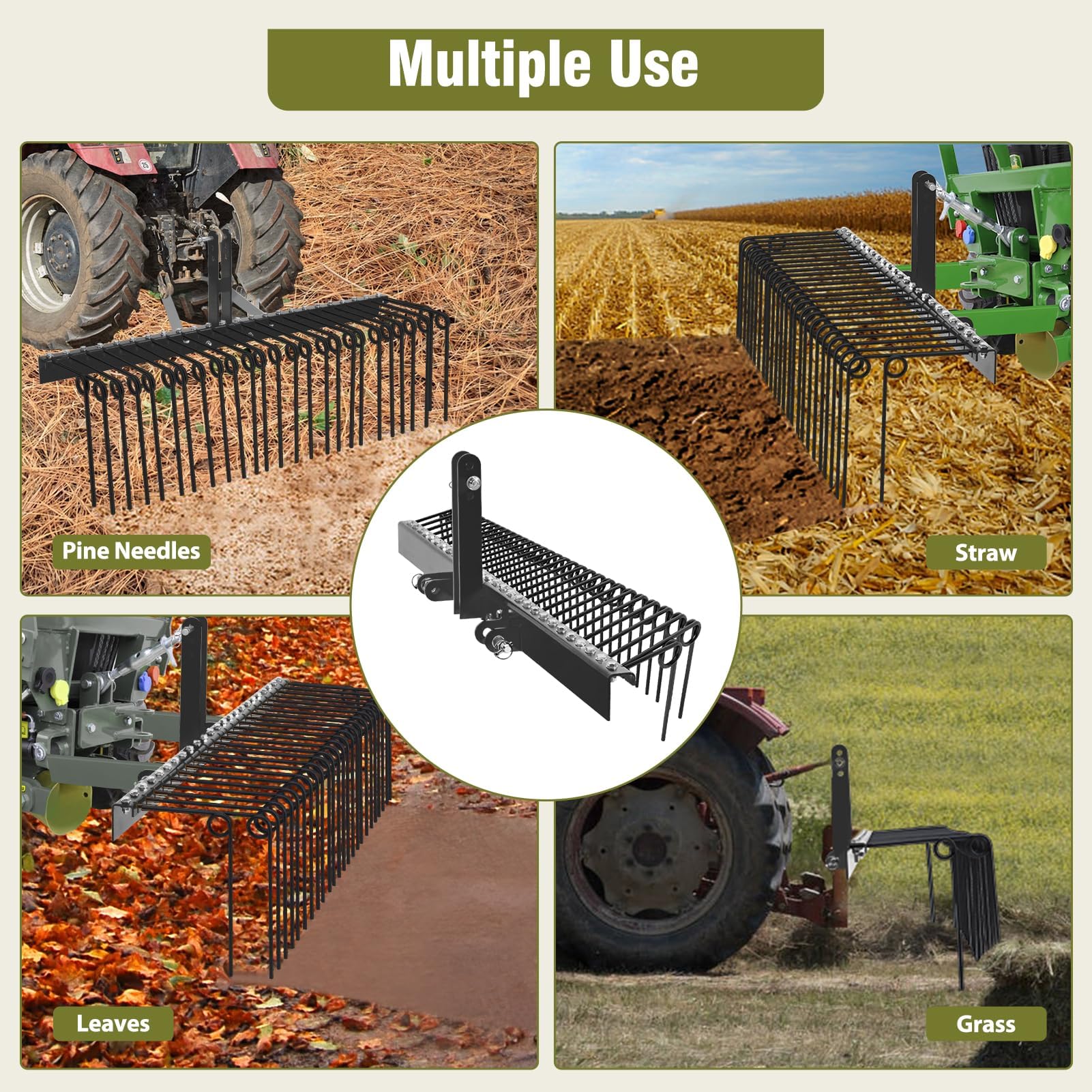 Garvee Râteau Professionnel à Paille De Pin 60 Pouces (152cm) pour Tracteur Cat0/Cat1, 26 Dents à Ressort Robustes en Acier Revêtu, Attelage 3 Points, pour Feuilles Et Gazon