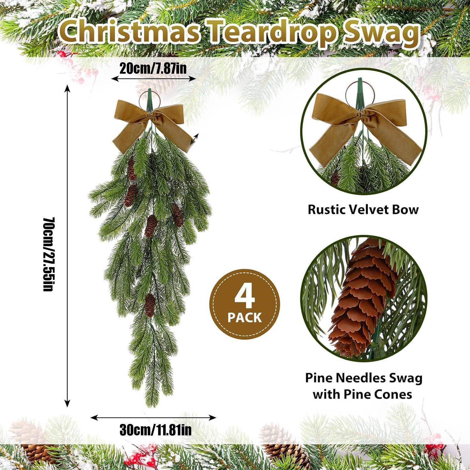 Christmas Decoration, Pine Cone Swag, Teardrop Decoration Wreath, Front Door Pine Needles Decor, Bowknot Swag for Stairway and Window, Festive Christmas Swag for Home
