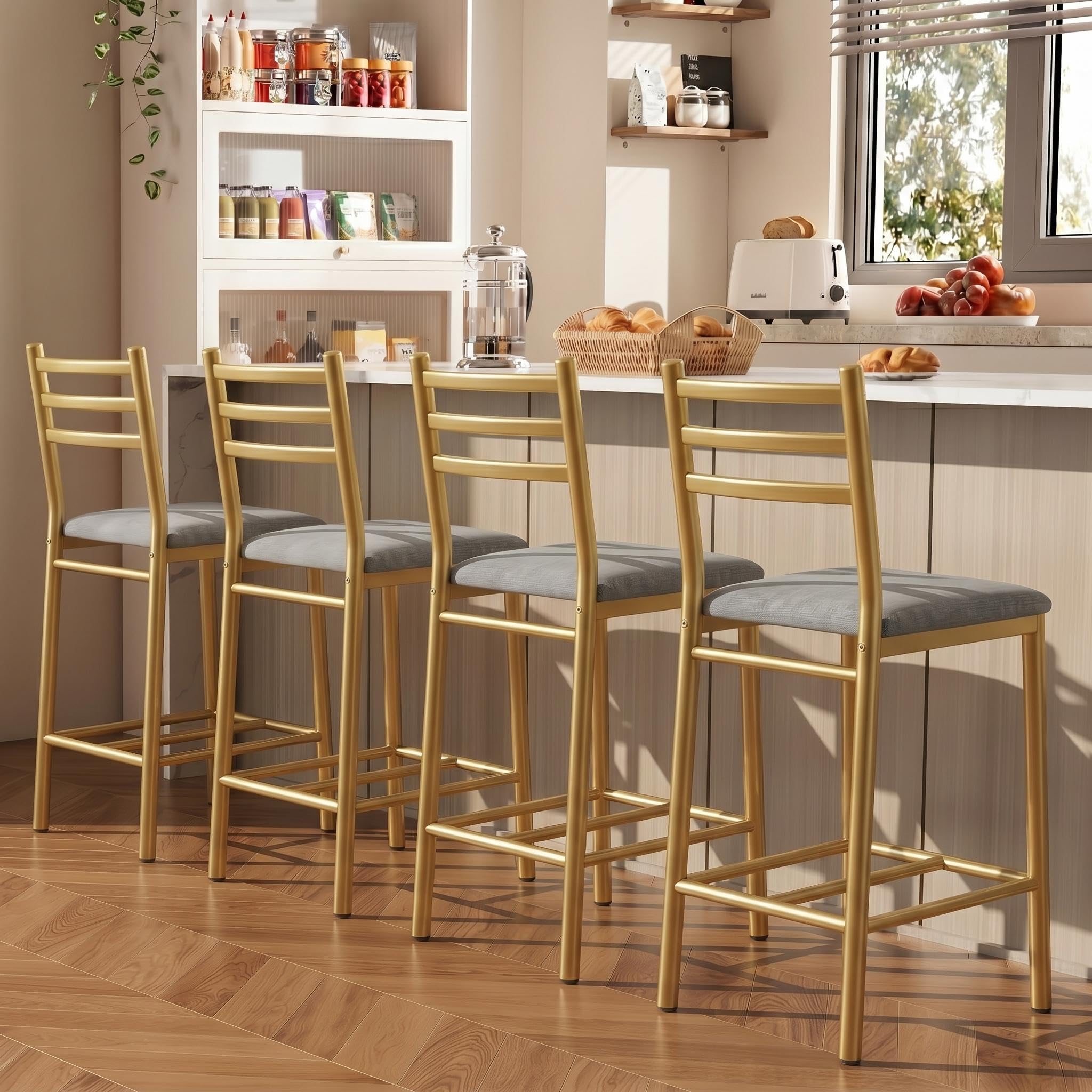 Photo 1 of Garvee Bar Stools Set of 4, Counter Height Bar Chairs with Back and Thick Cushion, Upholstered Dining Chairs with Padded Seat, Barstools for Kitchen Island, Bar, Dining Room, Retro Gold