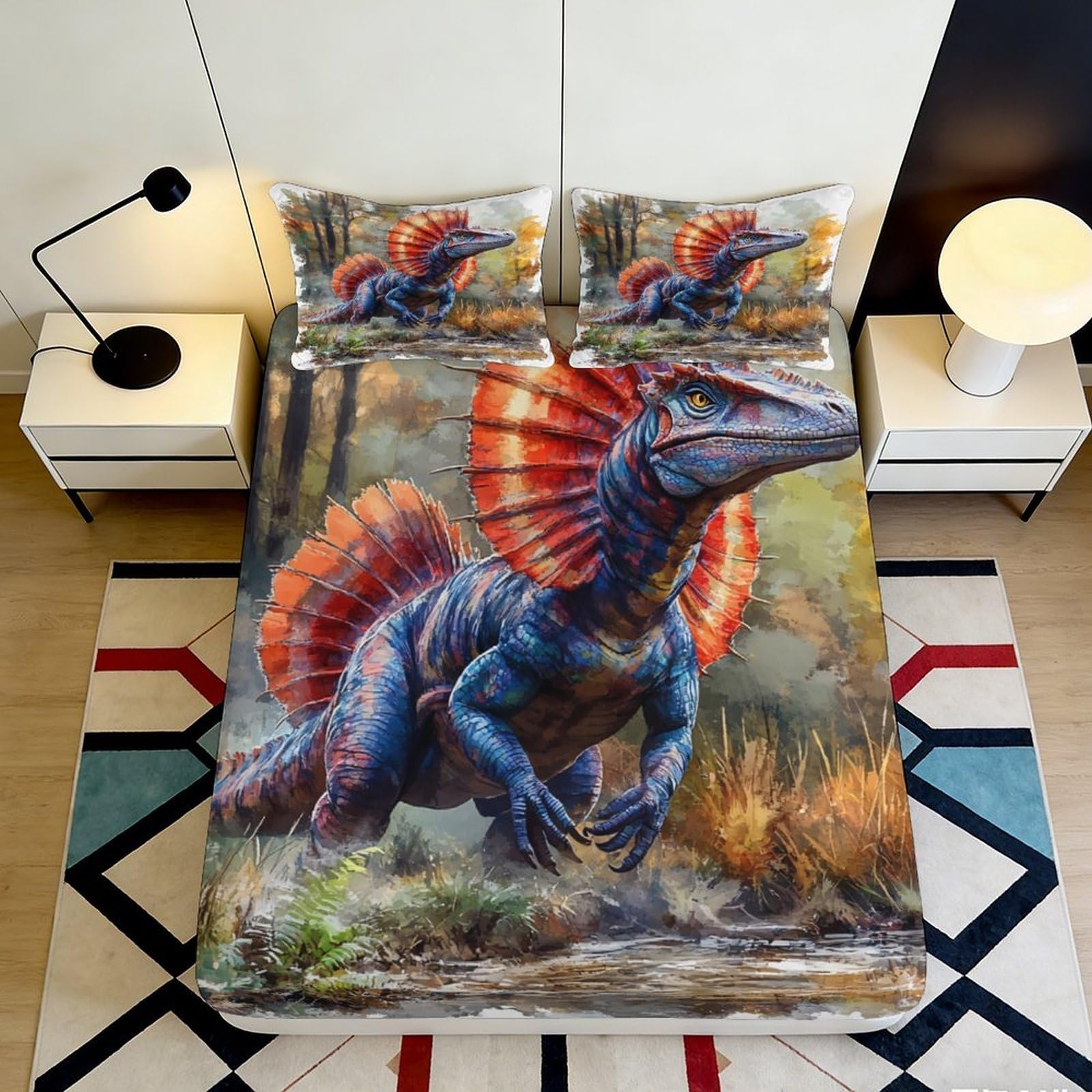 3D Printed Spinosaurus Jungle Fitted Sheet Microfiber Soft Anti-Slip Dinosaur Bed Cover for Bedroom Dorm Mattress Decor 120x200x25cm