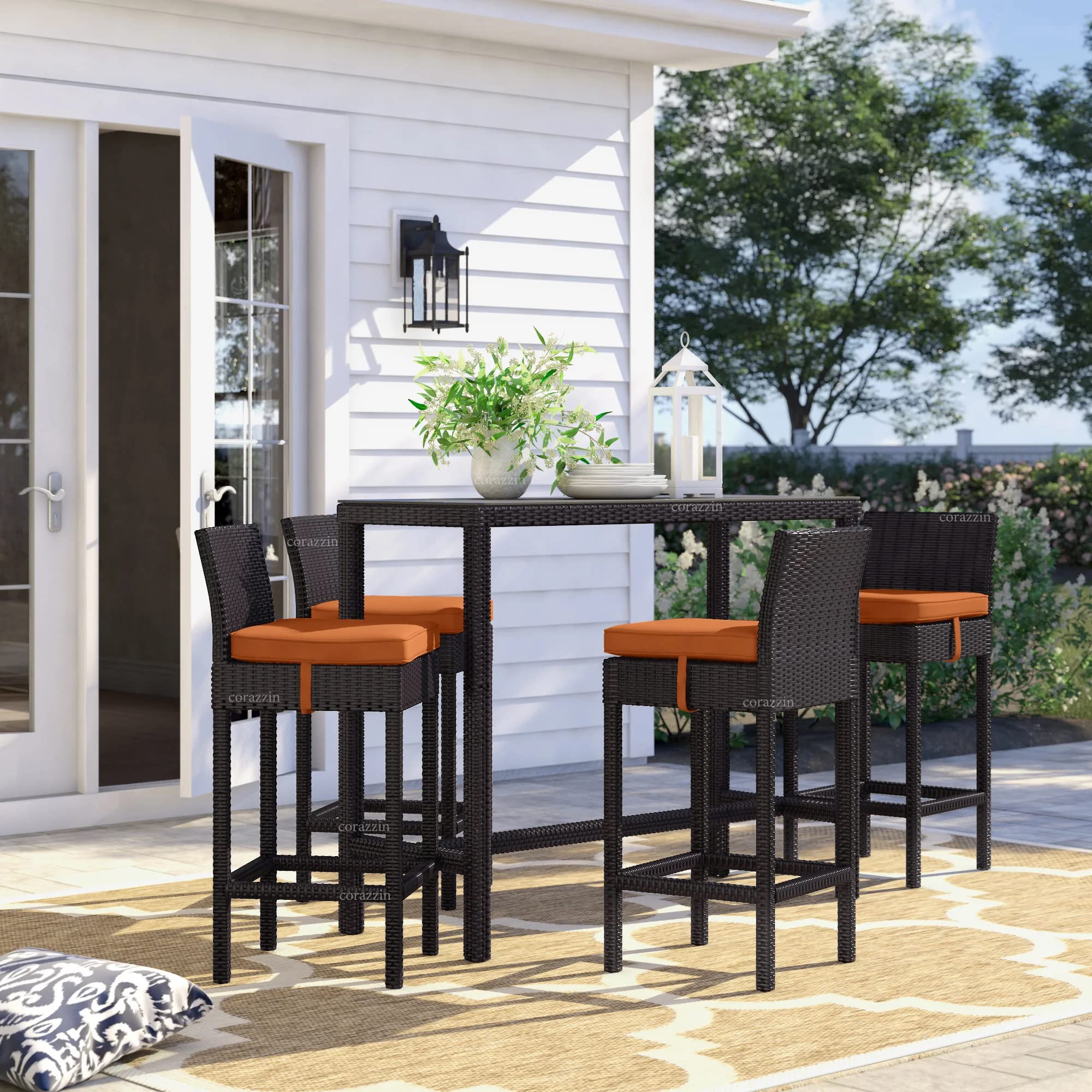 Rattan Wicker Outdoor Bar Patio Table with 4 Chairs Set for Home Graden Balcony 4 Seater High Bar Patio Furniture Table and Chairs - (Dark Yellow Cushion, Brown)-image-23