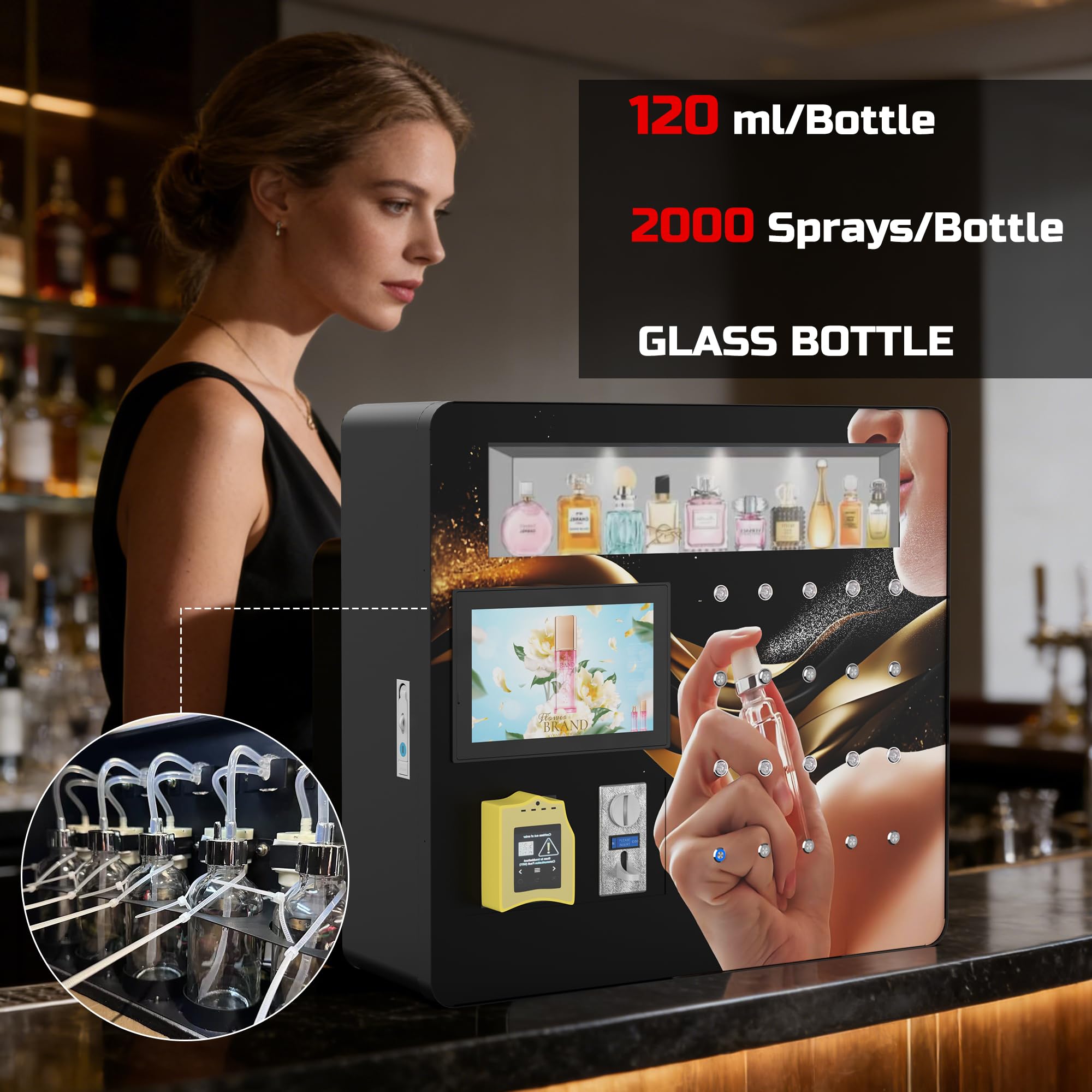 Máquina expendedora de perfume con pantalla táctil de 10.1 pulgadas con boquilla de pulverización automática, compatible con pago de monedas/tarjeta de crédito, máquina de aroma comercial para centros