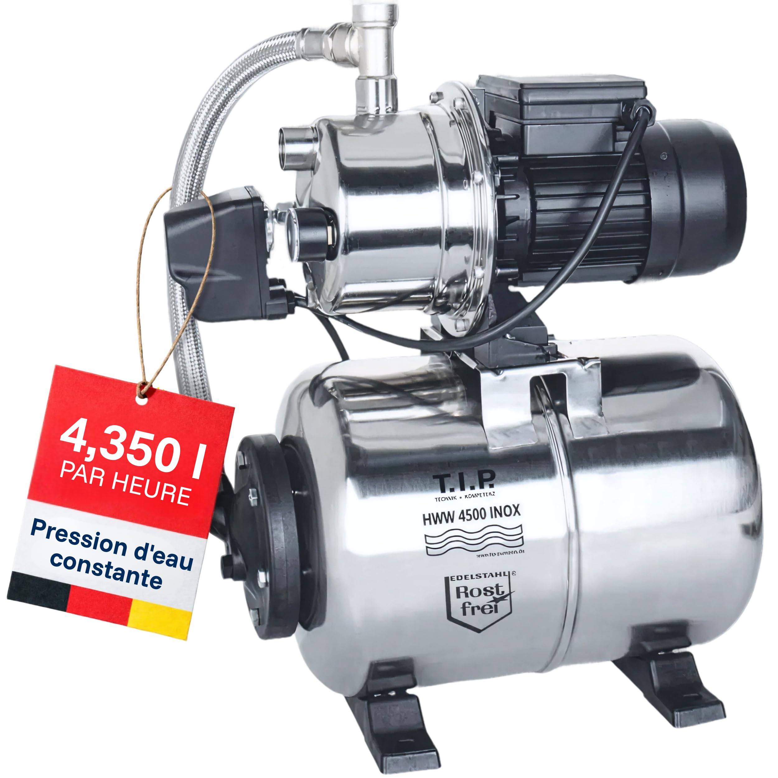 T.I.P. HWW 4500 Circuit d’Eau Domestique Débit de 4350 l/h Hauteur de Refoulement de 50 m Puissance 1200 W Prêt à l'installation par Bouton Cuve de Pression en Inox Capacité 22 L Couleur Argent