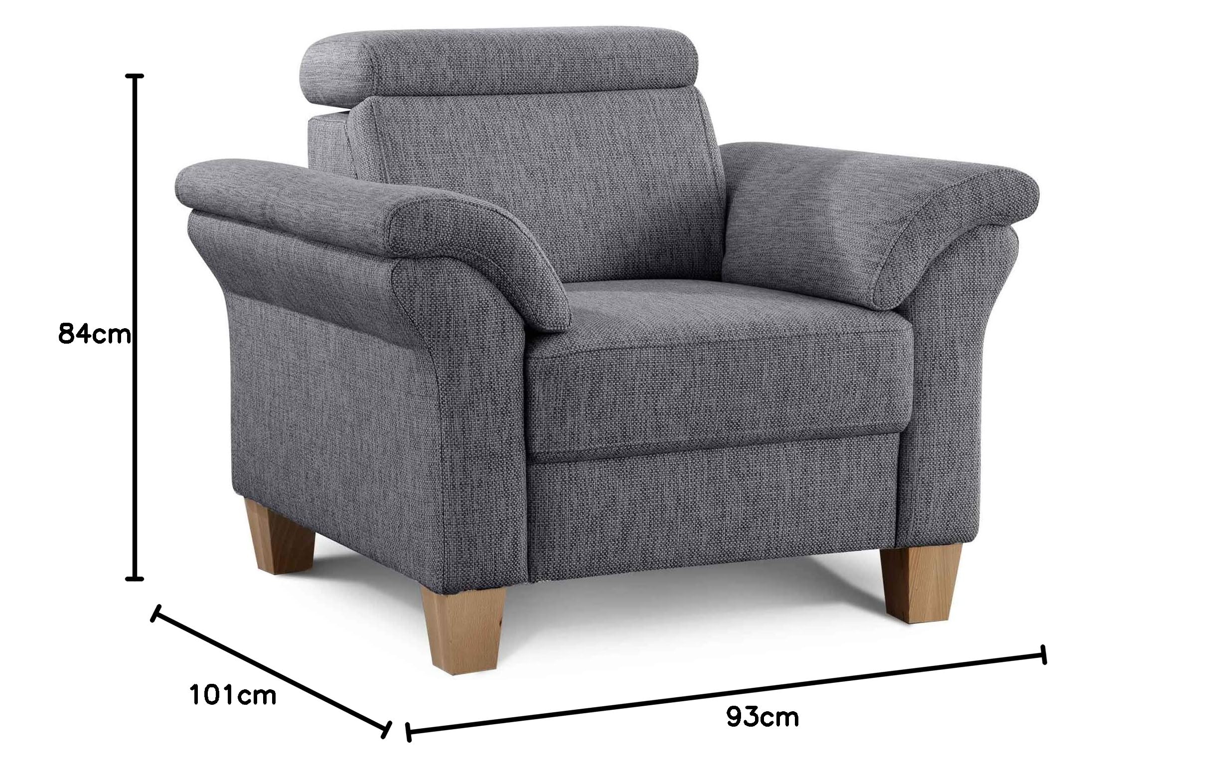 Cavadore Sessel Ammerland inkl. Federkern und Kopfteilverstellung / Großer Polstersessel im Landhausstil / Passend zur Sofagarnitur Ammerland / 101 x 84 x 93 / Strukturstoff grau