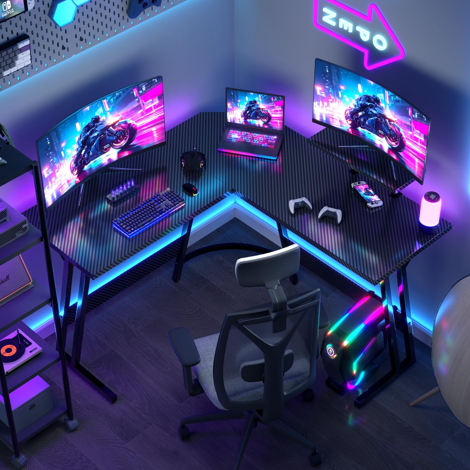 JUMMICO Bureau Gaming en L 120x120cm - Bureau d'angle avec Support Écran Réversible - Polyvalent (Jeu/Travail/Étude) - Stabilité Maximale & Nettoyage Facil - Revêtement Carbone - Noir