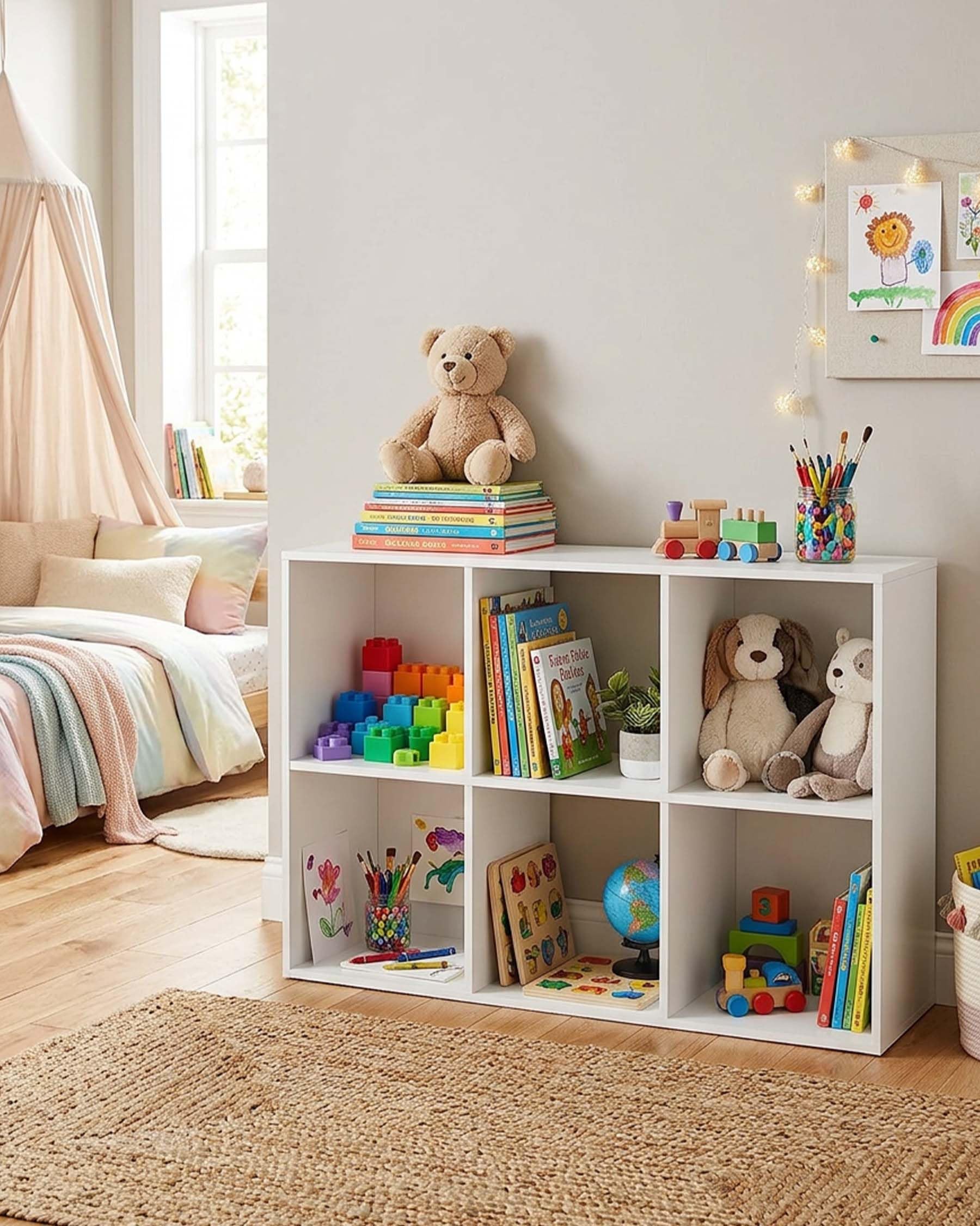 Libreria Bambini e Scaffale Portatutto - Mobiletto Organizzatore Giocattoli Bianco, Scaffale con 6 Cubi, Mobile Contenitore Stabile per Cameretta e Salotto, 92.5x29x62 cm