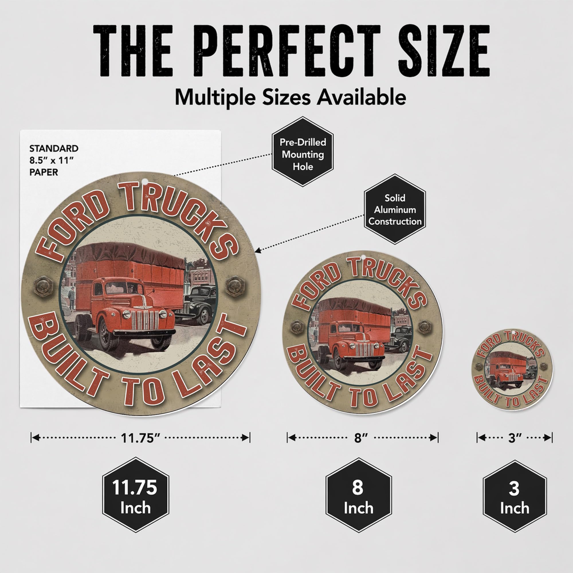 Brotherhood Targa in metallo vintage con riproduzione di cartelli in metallo vintage per garage e casa, diametro 11,75 pollici – Ford Trucks Last to Built