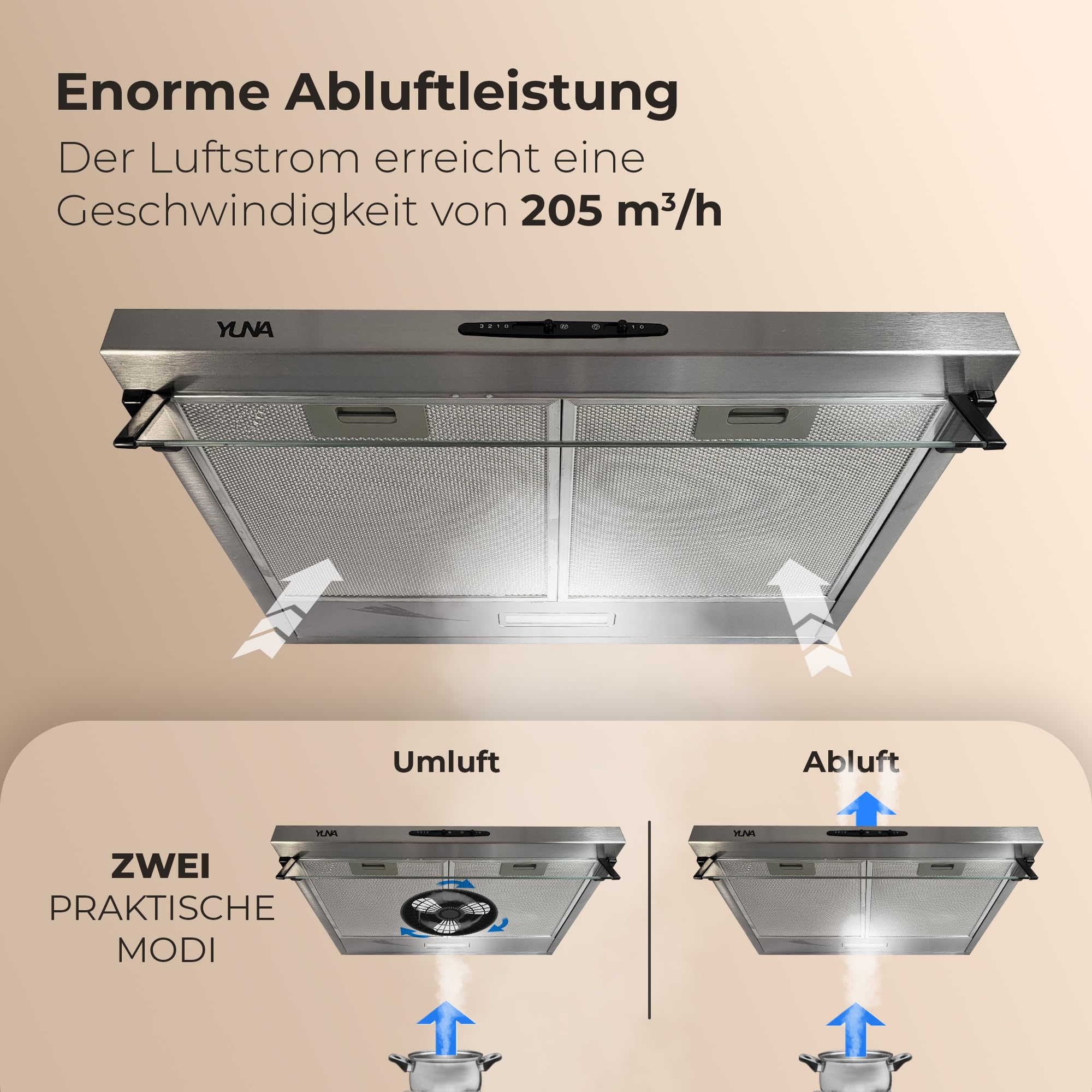YUNA Dunstabzugshaube Mila KUBH 60205 Edelstahl 60 cm Unterbauhaube Abluft Umluftbetrieb 82W LED