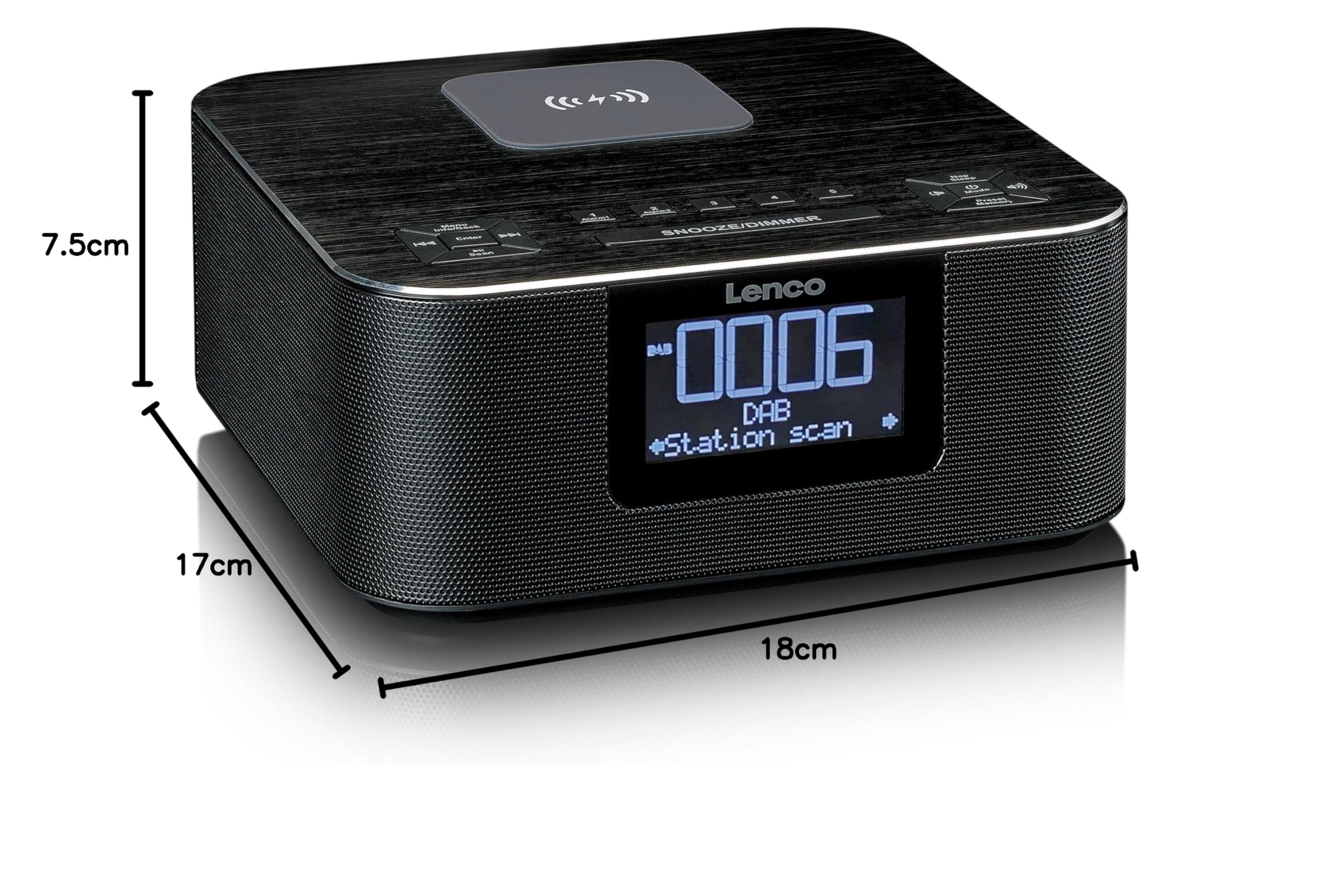 Lenco CR-650 DAB+ Radiosveglia – Radio per orologi con DAB+ e FM – 20 stazioni – Funzione snooze – 2 x 2 Watt RMS – LCD – USB e caricatore QI – nero