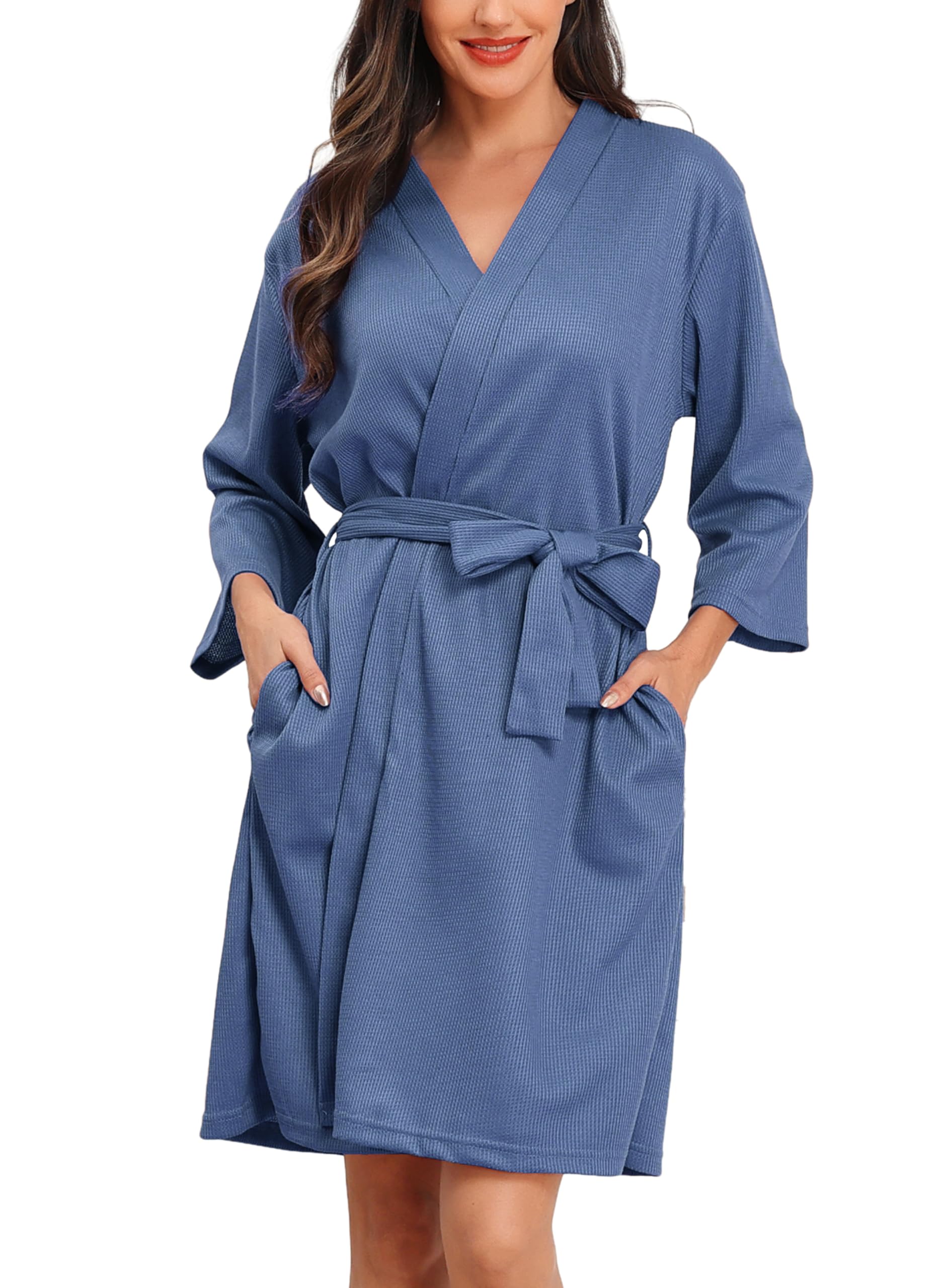 Lovasy Badjas voor dames, wafelpiqué, 3/4 mouwen, saunamantel, wafelgebreid, ochtendjas, zacht, licht, knielang, loungewear met riemzakken, zwart, L