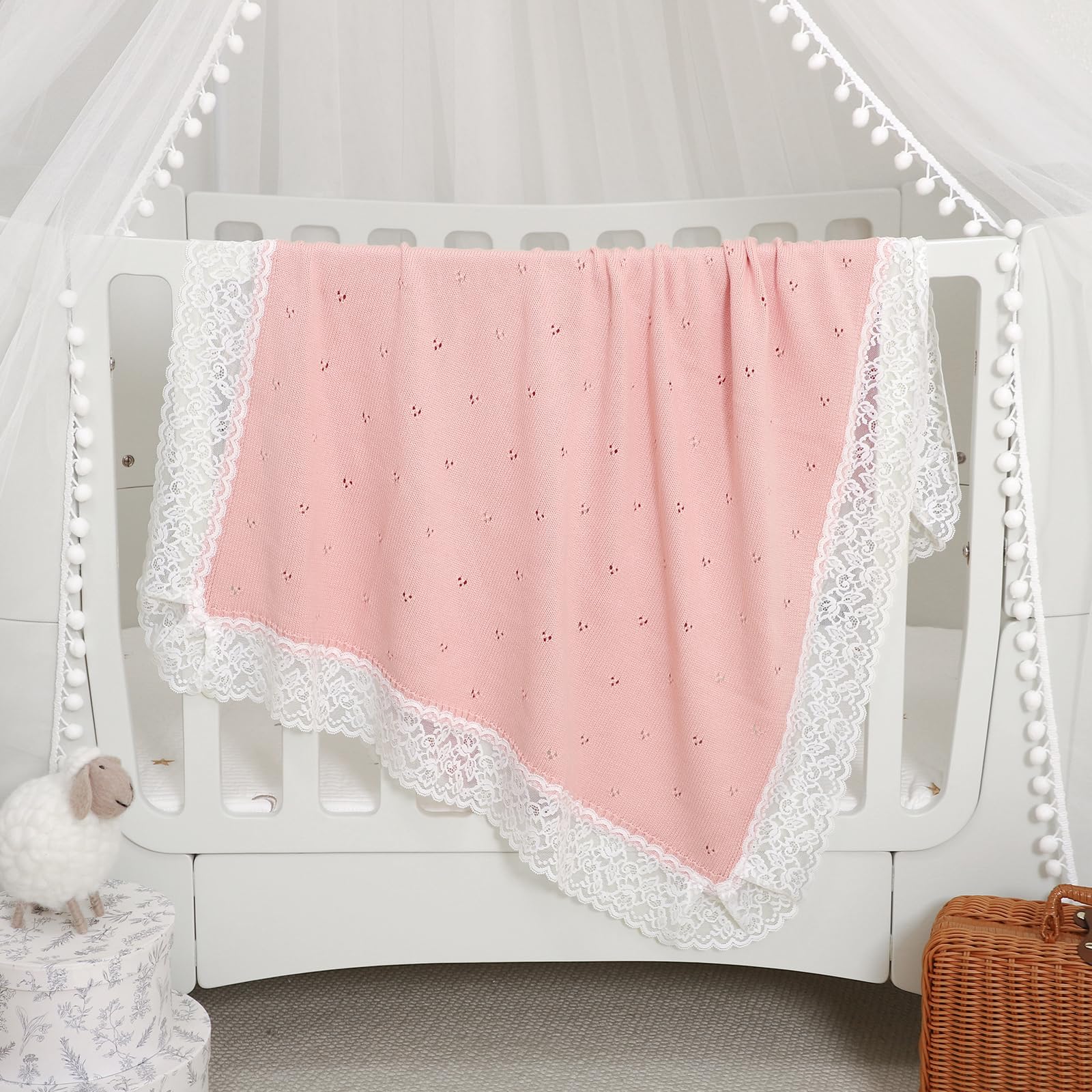 Hadetoto Knit Baby Blanket Cotton Soft Lace Crochet Cellular Blankets Baby Essentials for Newborn Girls Boy 82x102cm (Pink) - Image 3