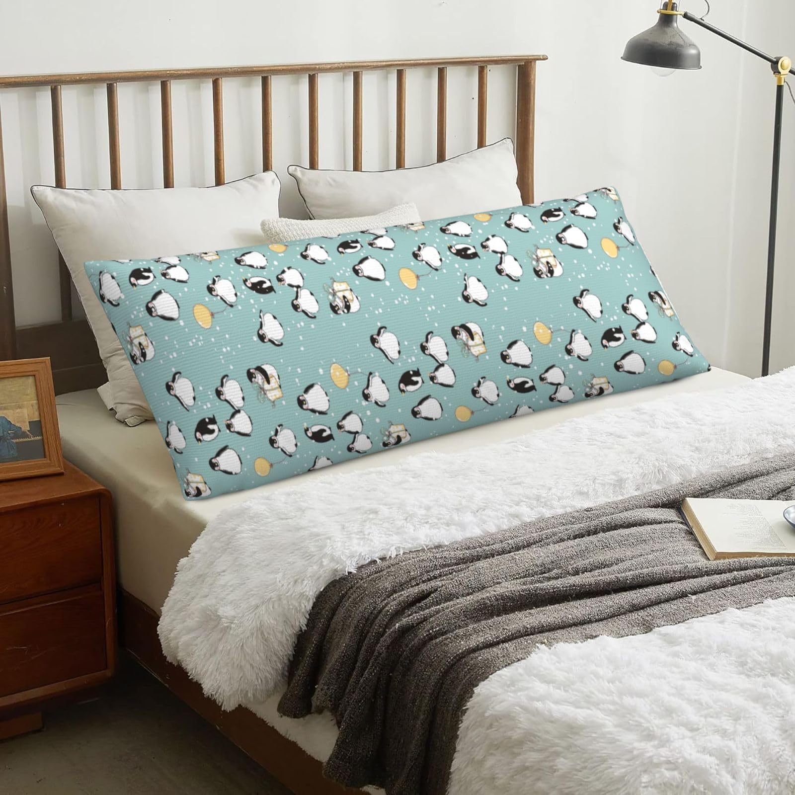 Penguin Balloon Snowflake, Body Pillow Cover with Zipper,Long Body Pillowcase 20 x 60 in