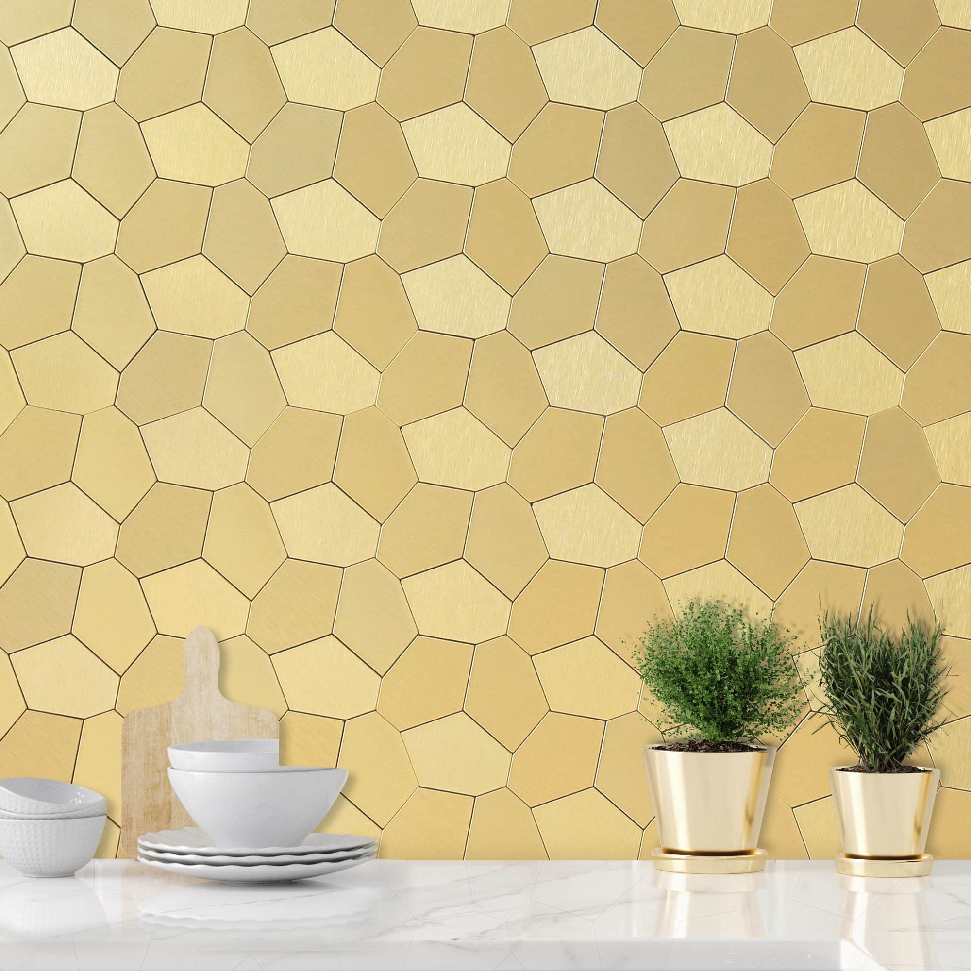 VAOVI Peel and Stick Tile Backsplash,Peel and Stick Pebble Rock Tiles Stickers Adhesive Backsplash Tiles for Kitchen Bathroom Wall(5sheets,Champagne Gold)
