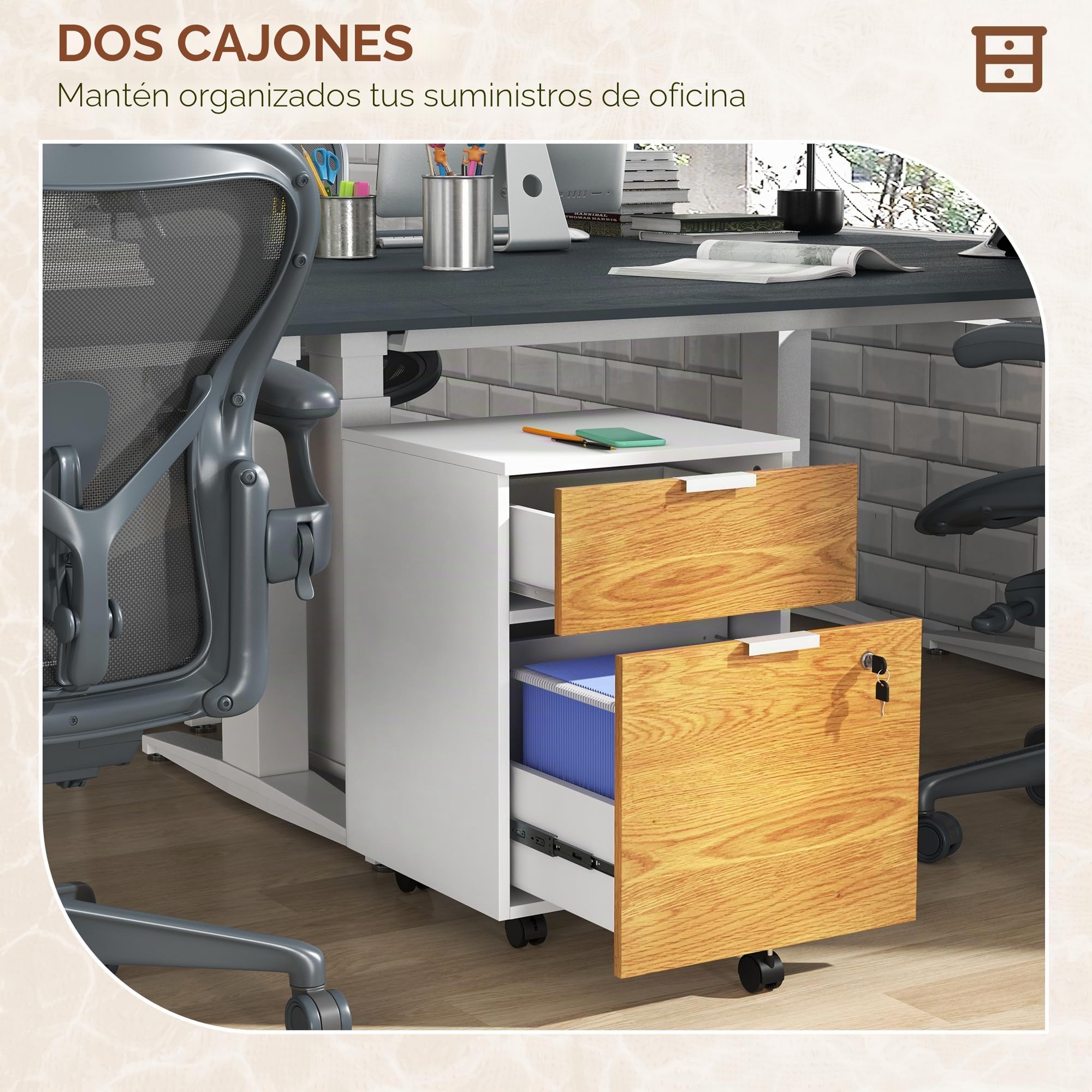 HOMCOM Cajonera de Oficina con Ruedas Mueble Archivador con 2 Cajones Barra Colgante para Carpetas A4 y Carta Cerradura en Cajón Inferior 42x40x60 cm Blanco y Natural